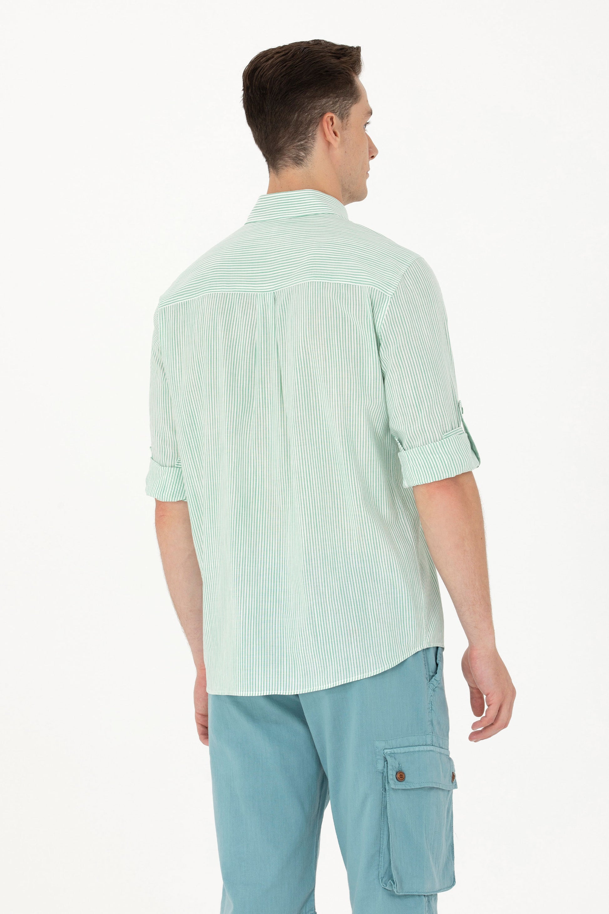 Men's Green Striped White Shirt
