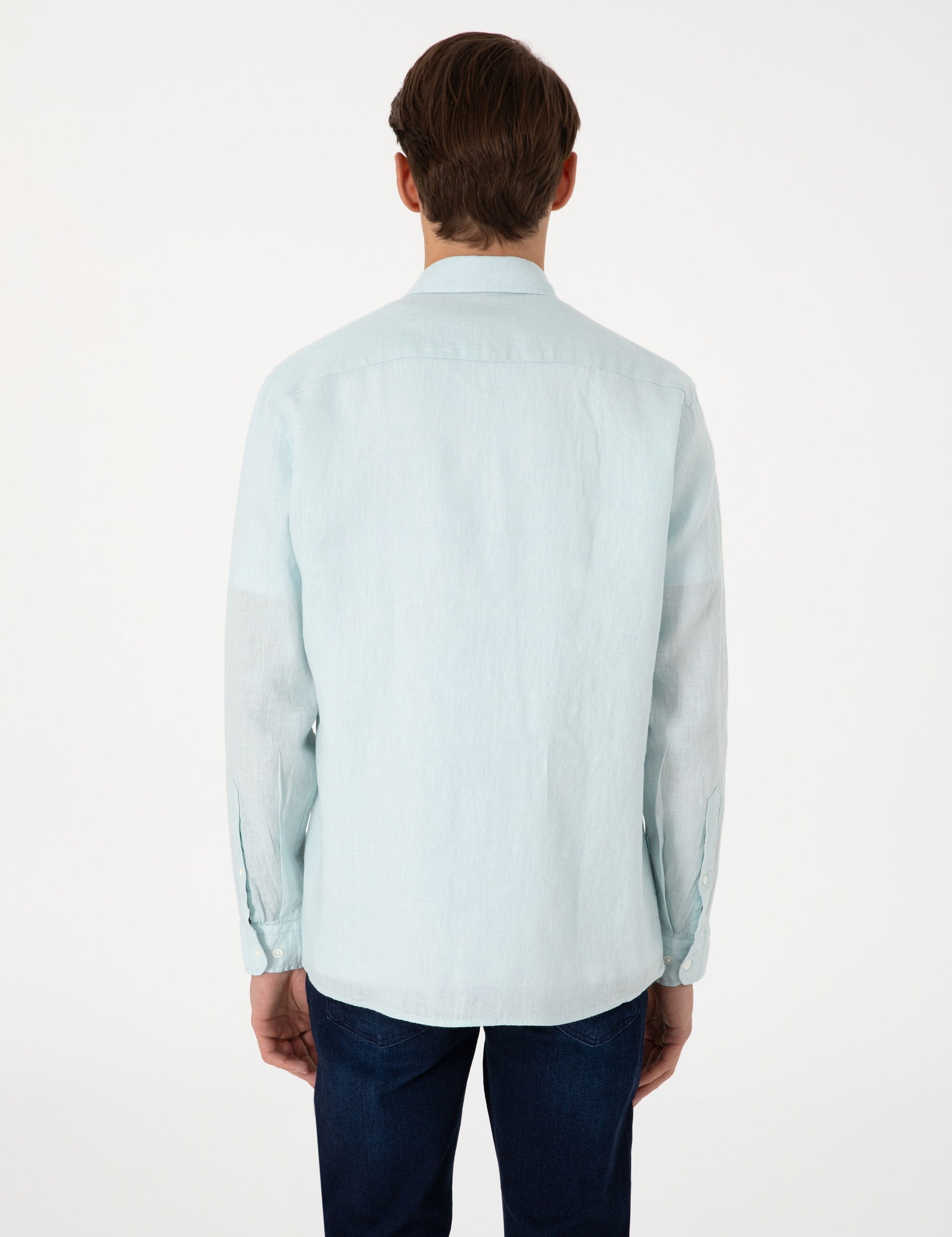 Su Ye��ili %100 Keten Regular Fit Uzunkollu G��mlek