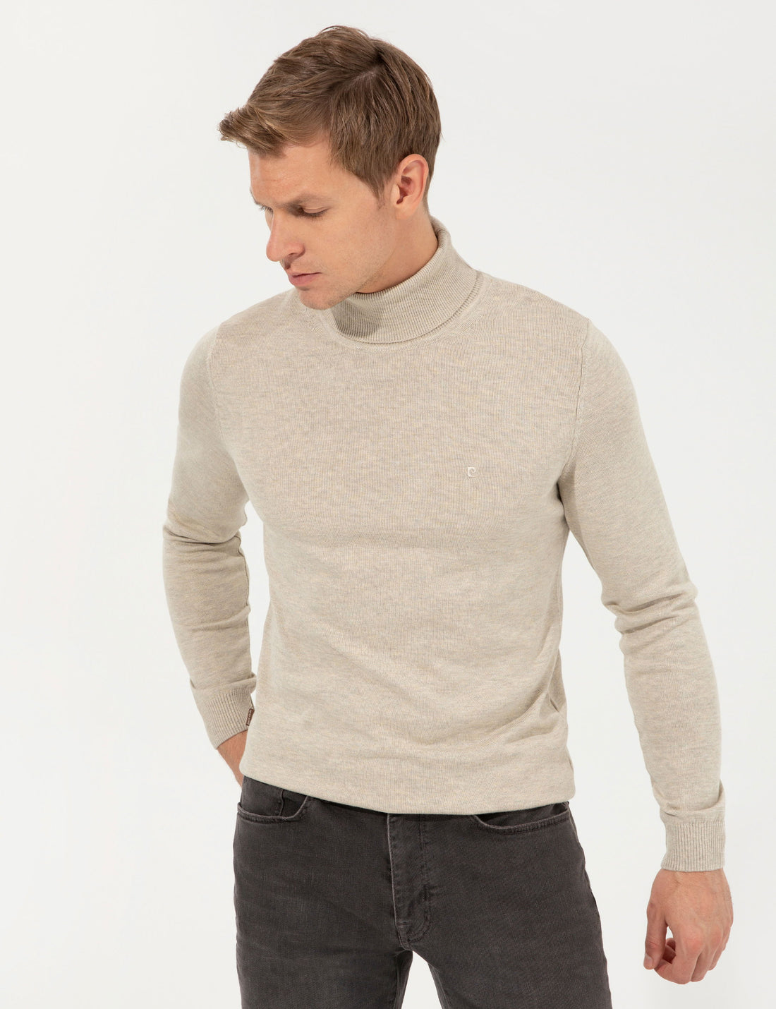 Sand Melange Slim Fit Turtleneck Basic Knitwear Sweater