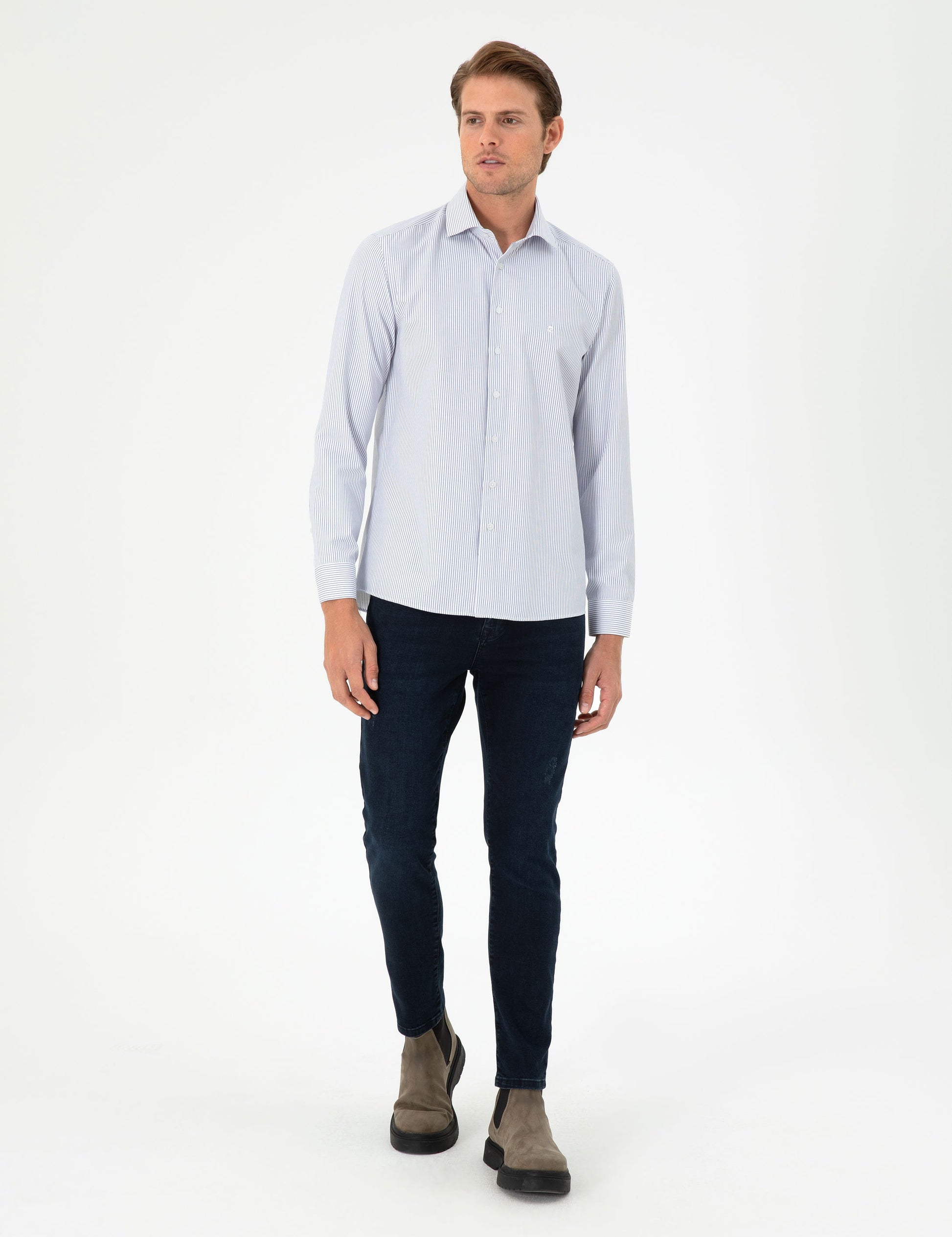 Light Blue Striped Slim Fit Long Sleeve Shirt