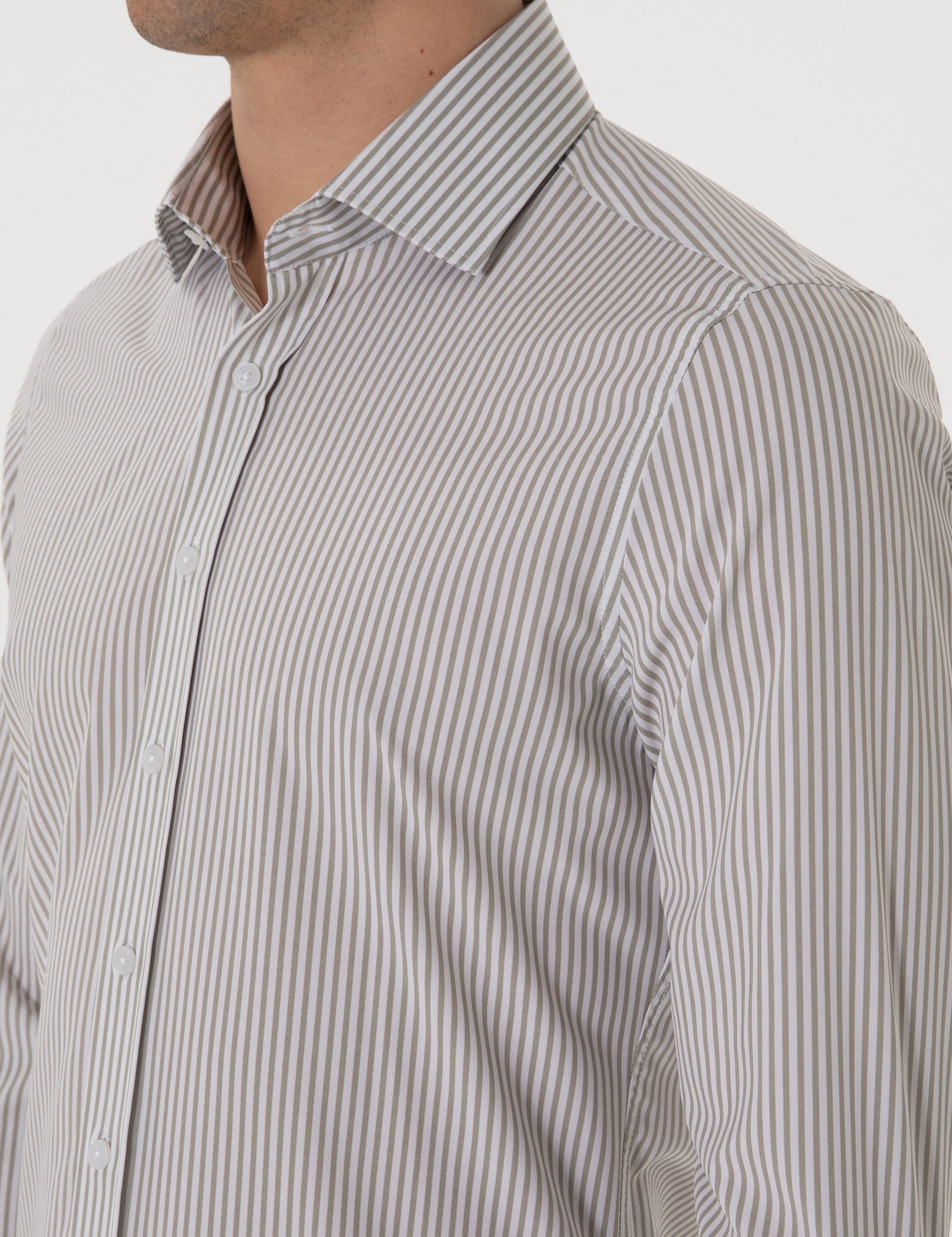 Khaki Striped Ex. Slim Fit Long Sleeve Shirt