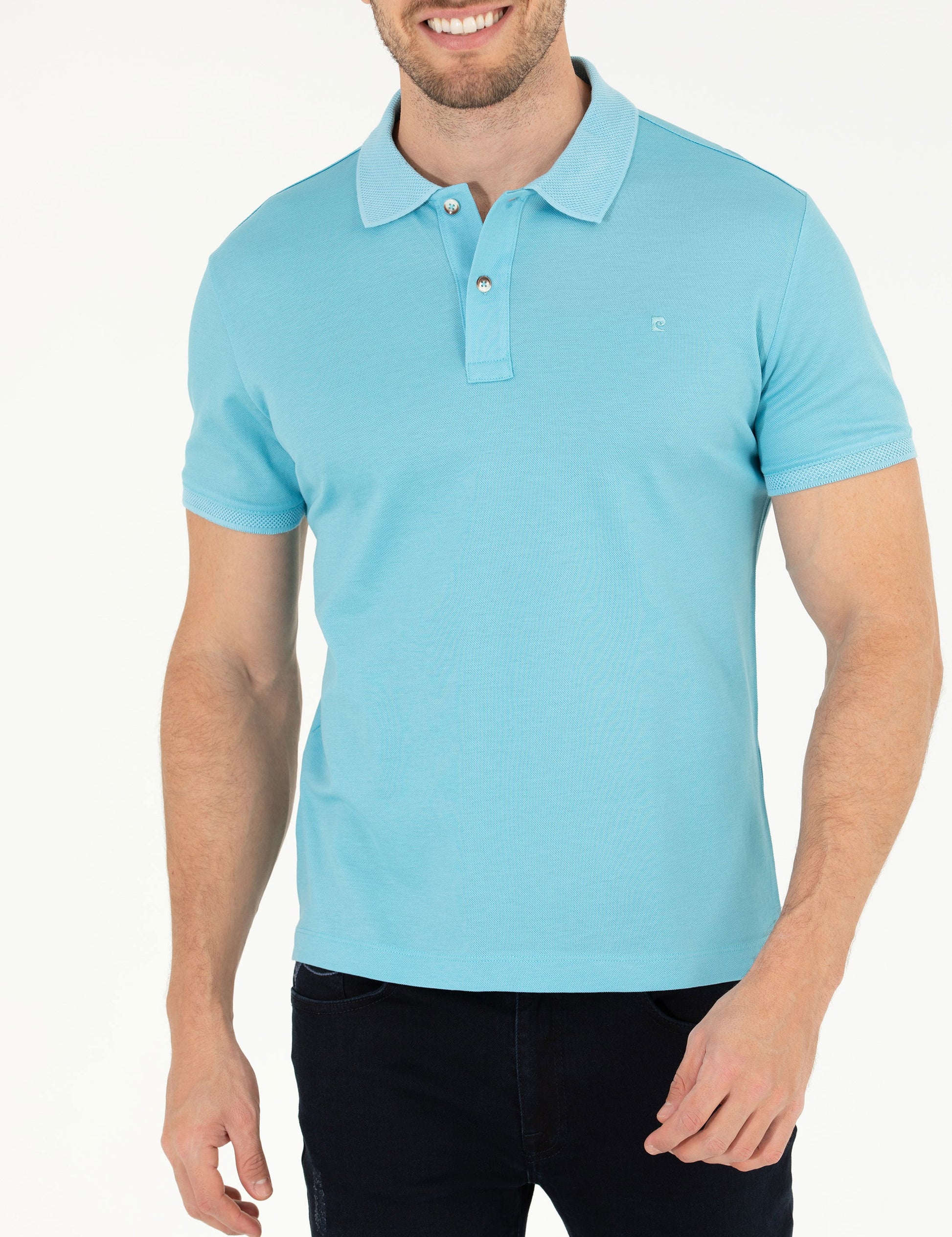 Light Blue Slim Fit Polo Neck Mercerized T-Shirt