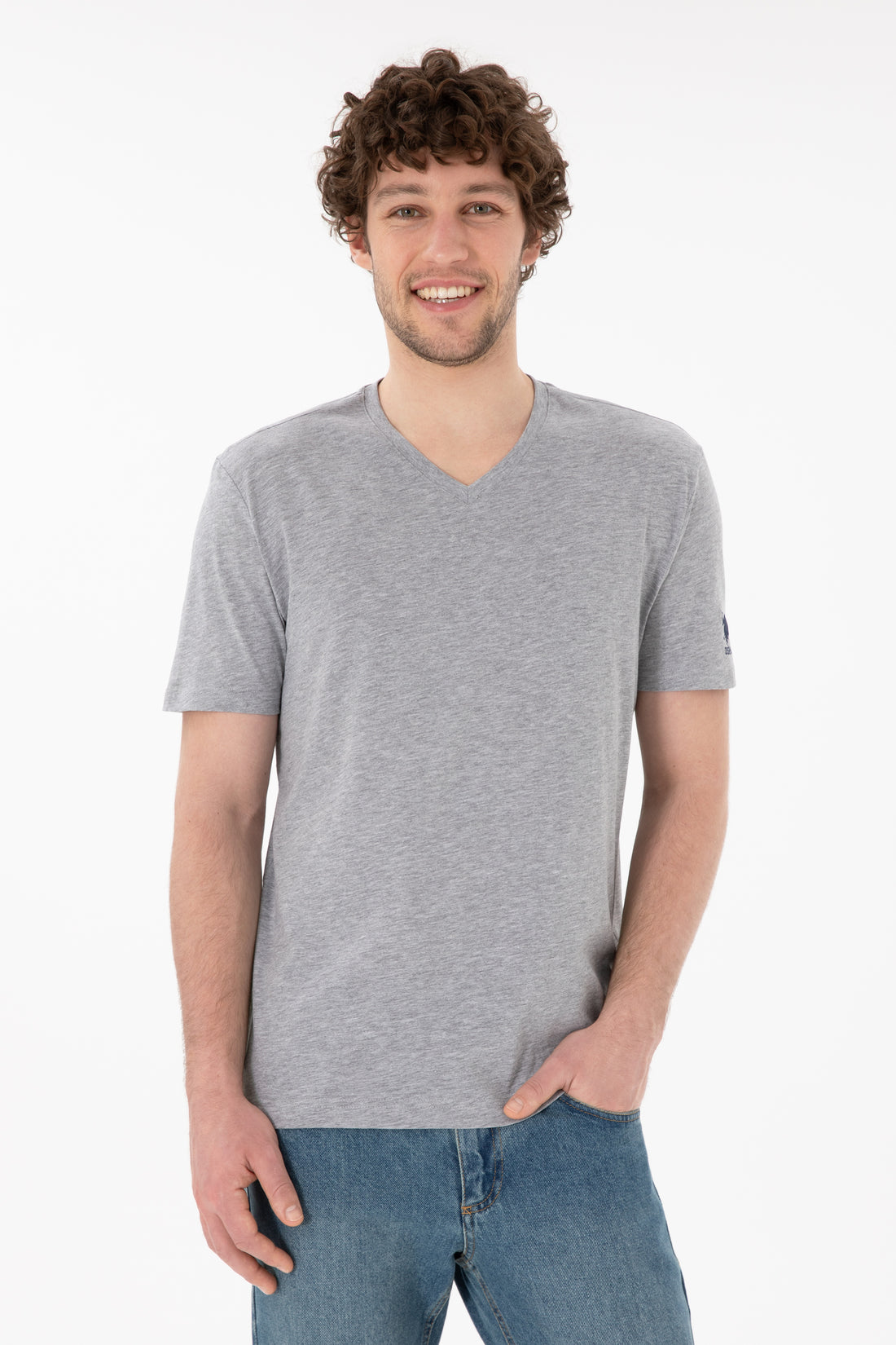 Men's Regular Fit V-Neck Grey Melange Basic T-Shirt
