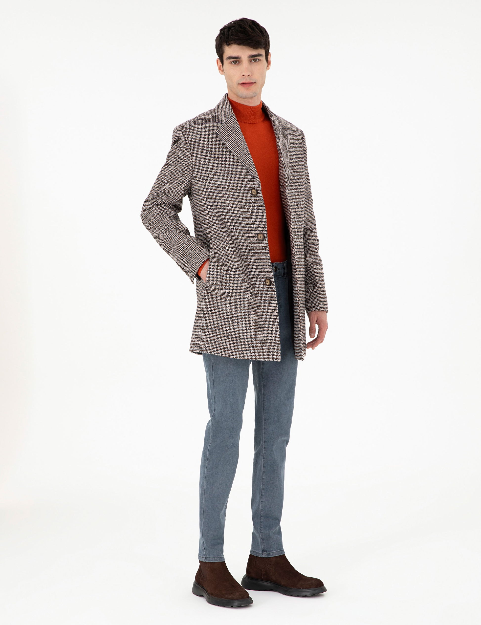 Brown Slim Fit Cashmere Coat