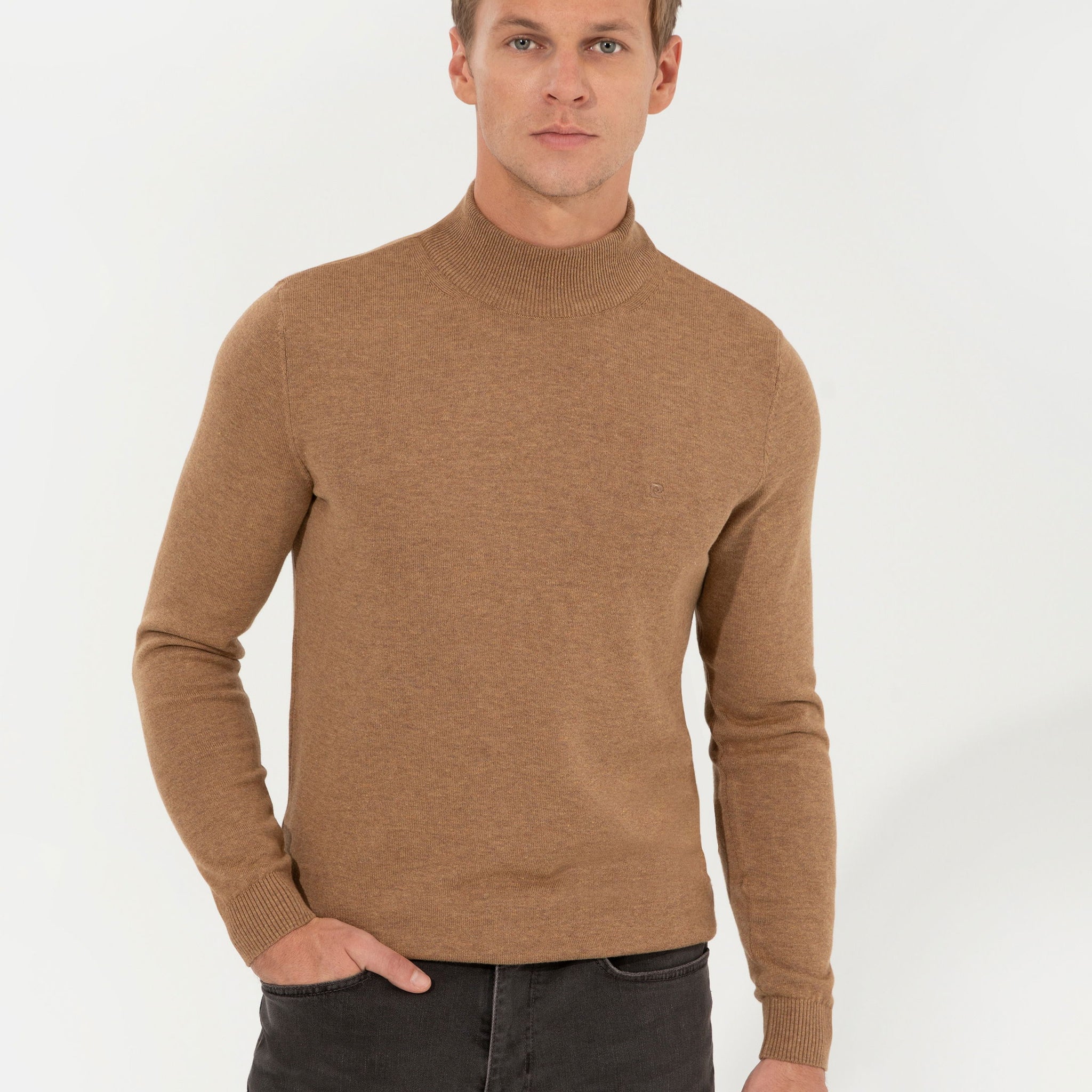 Camel Melange Slim Fit Half Turtleneck Basic Sweater