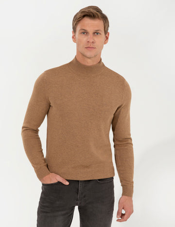 Camel Melange Slim Fit Half Turtleneck Basic Sweater