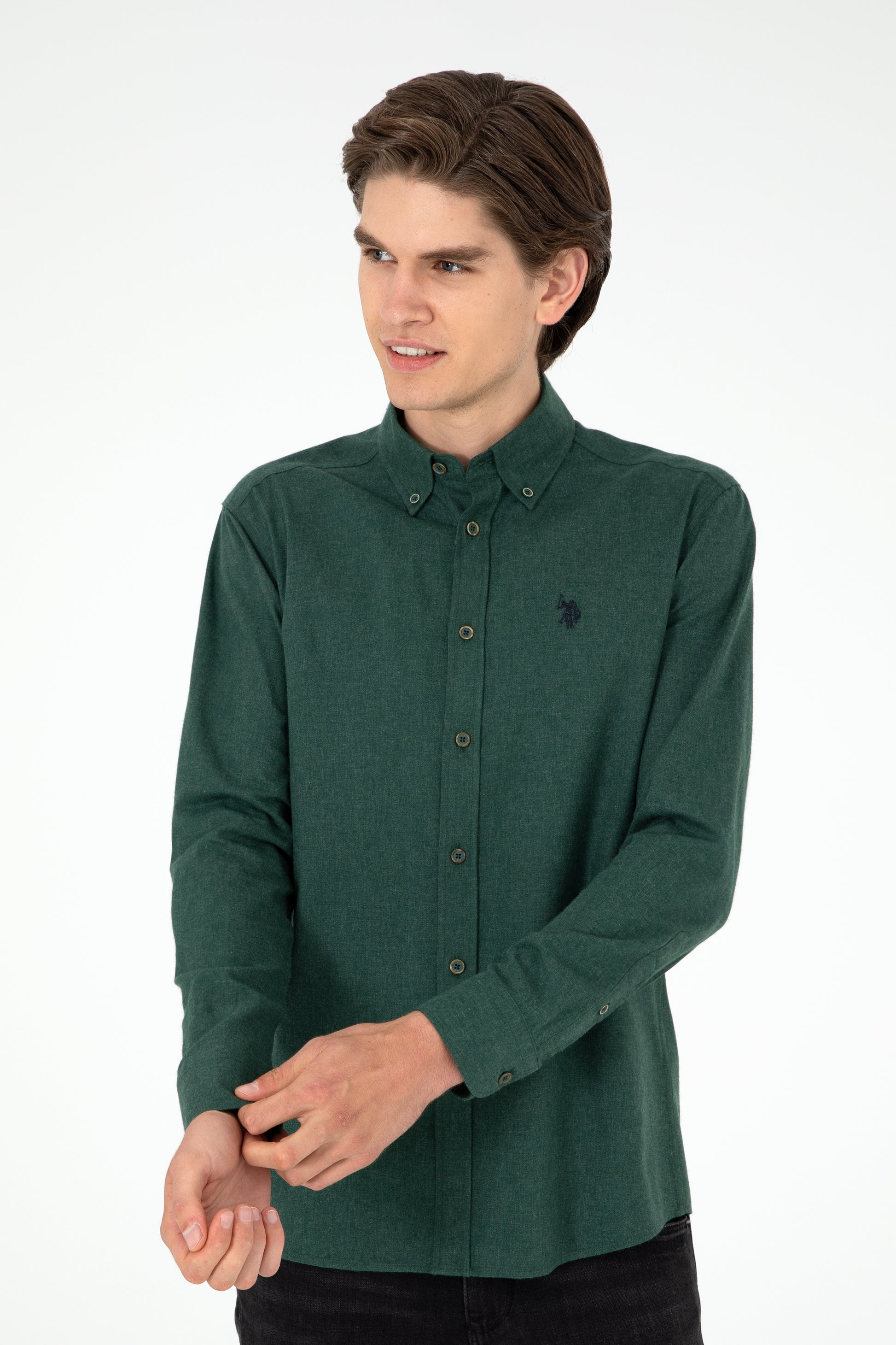 Men's Dark Green Long Sleeve Basic Shirt