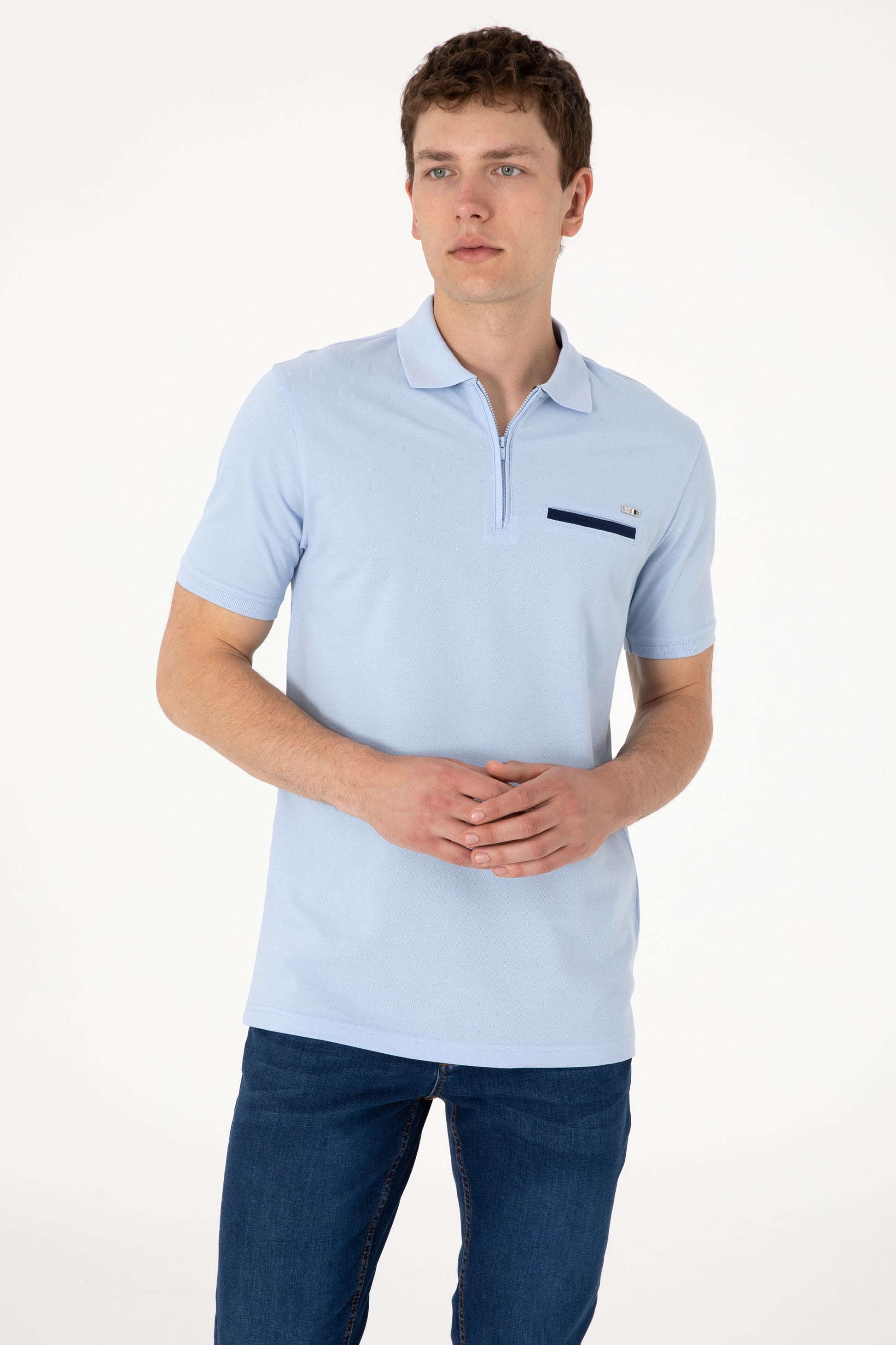 Men's Regular Fit Zipper Light Blue T-Shirt