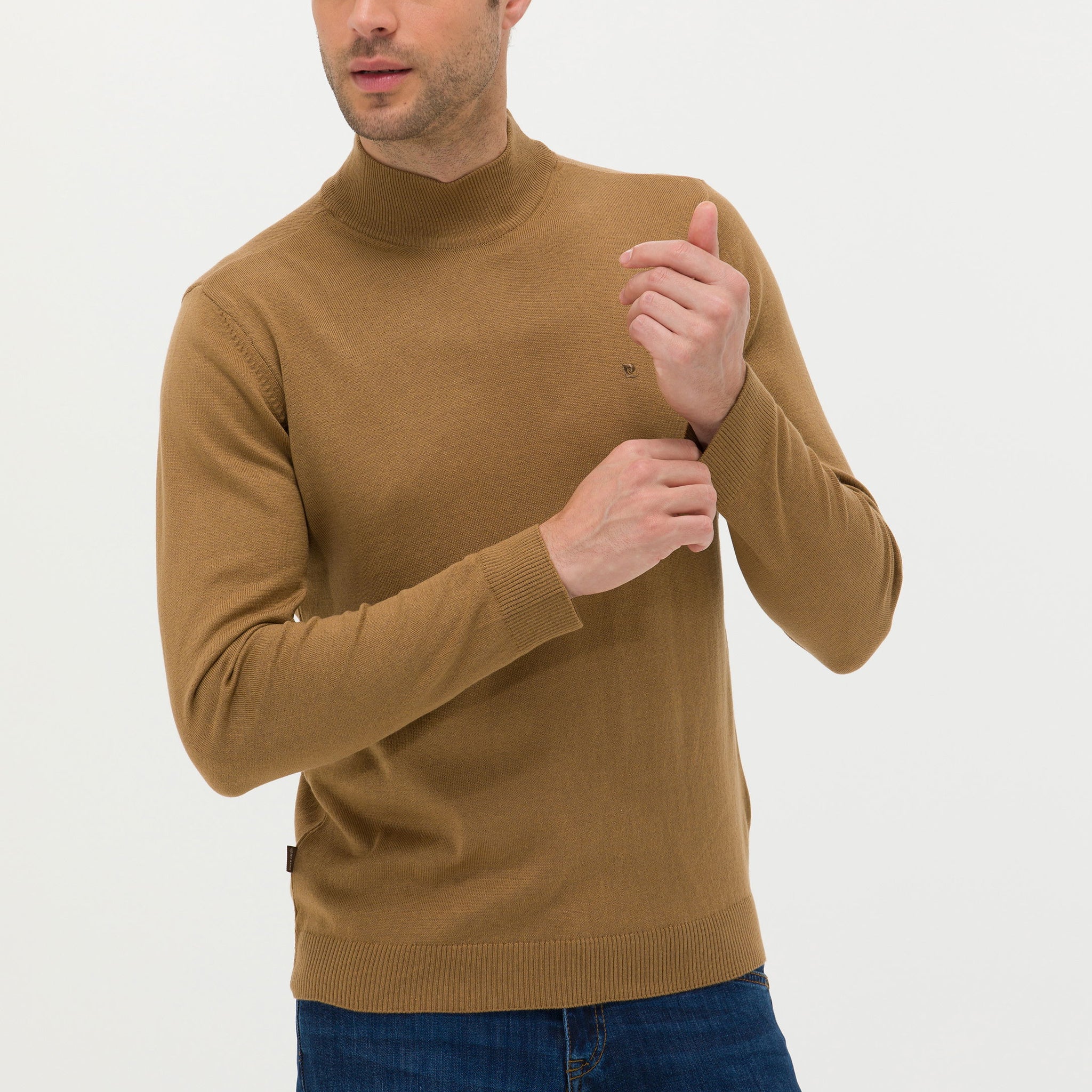 Camel Melange Slim Fit Half Turtleneck Basic Sweater