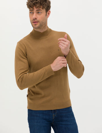 Camel Melange Slim Fit Half Turtleneck Basic Sweater