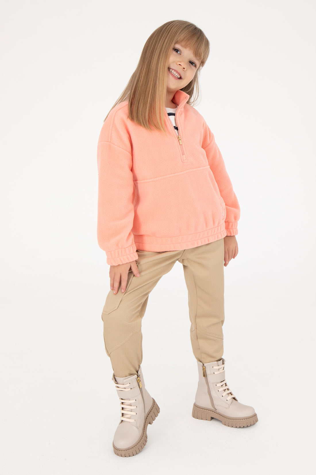 Girls' Half Zipper Salmon Fleece Sweatshirt