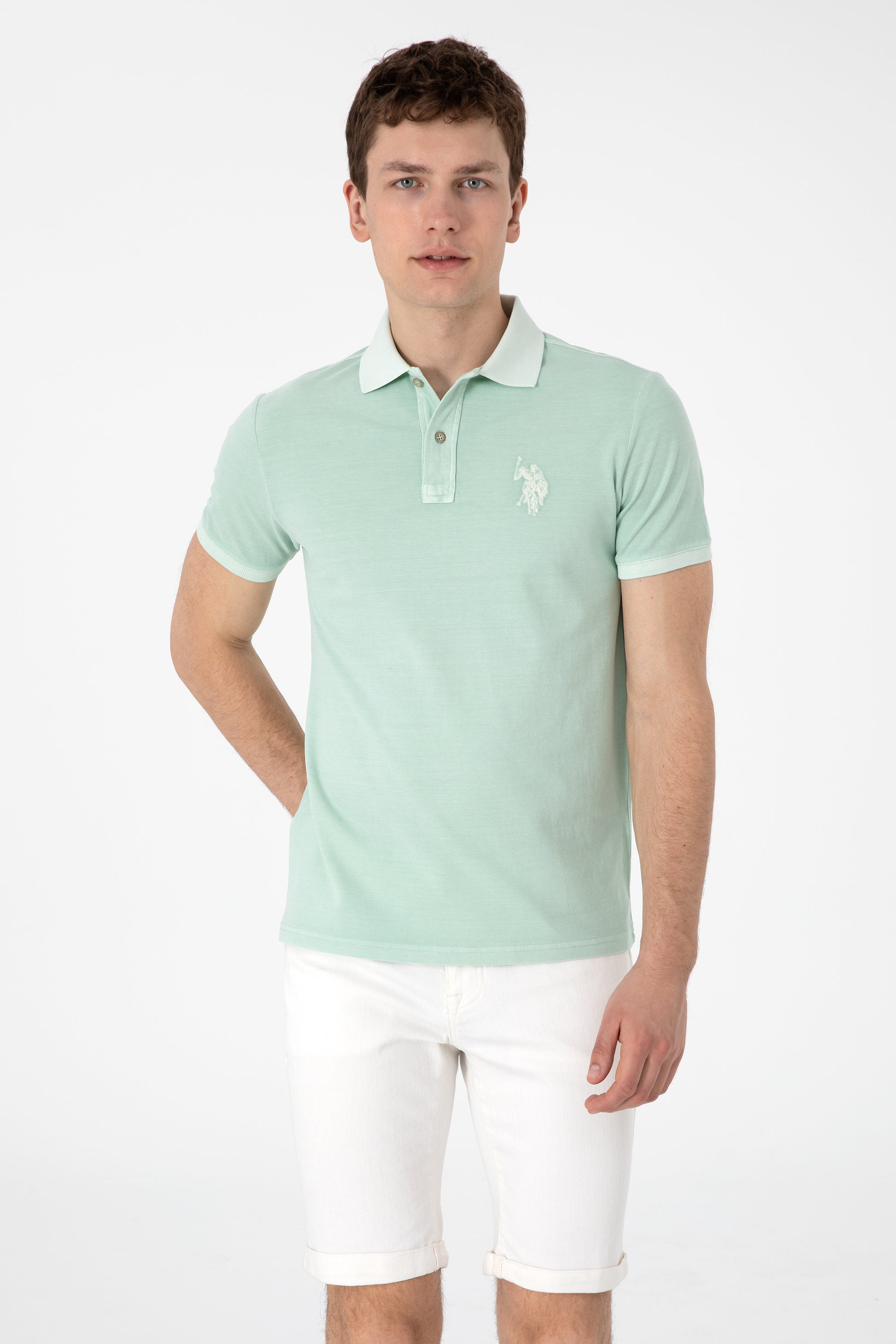 Men's Slim Fit Polo Neck Water Green Wash Basic T-Shirt