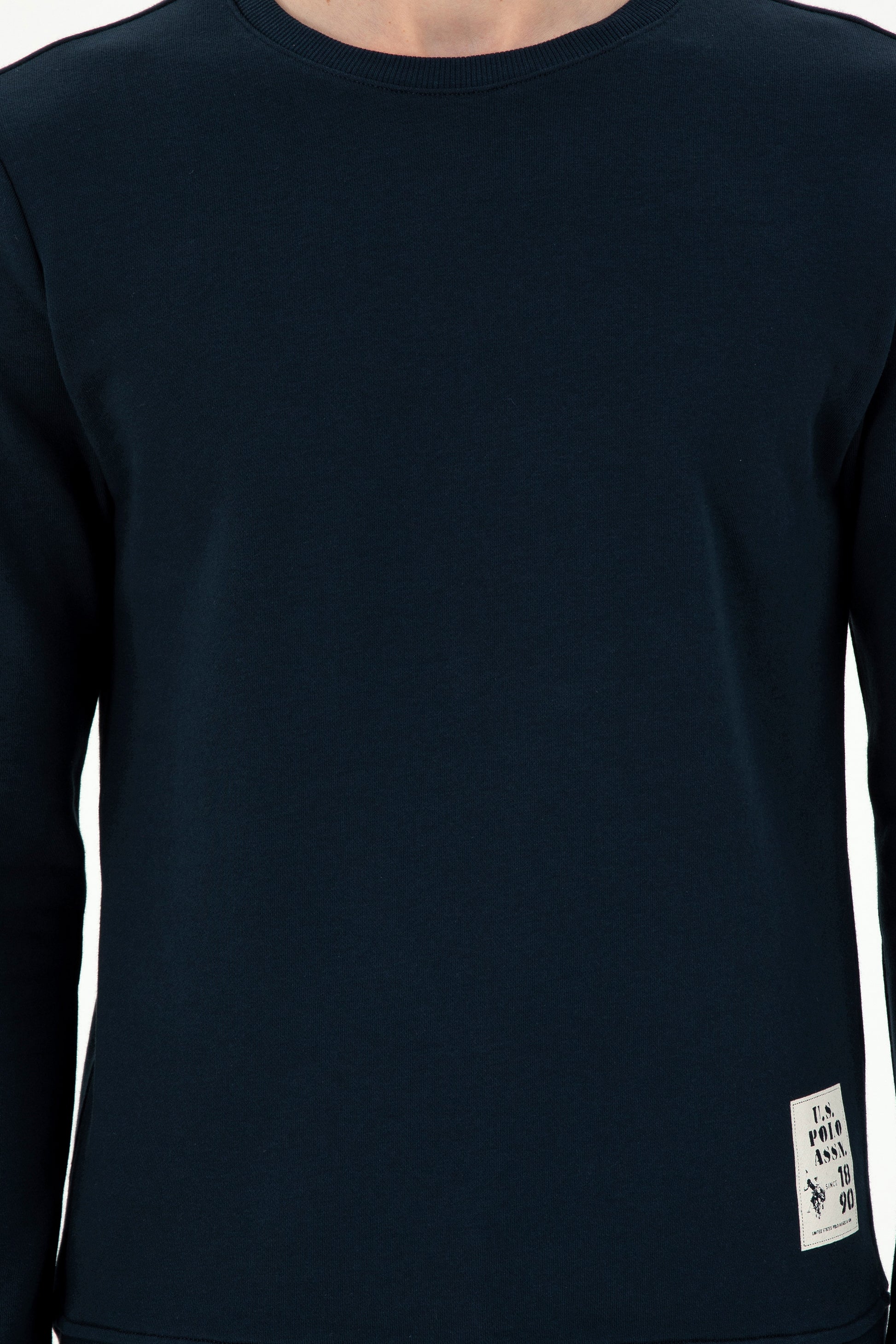 Men's Regular Fit Crew Neck Label Print Navy Sweatshirt