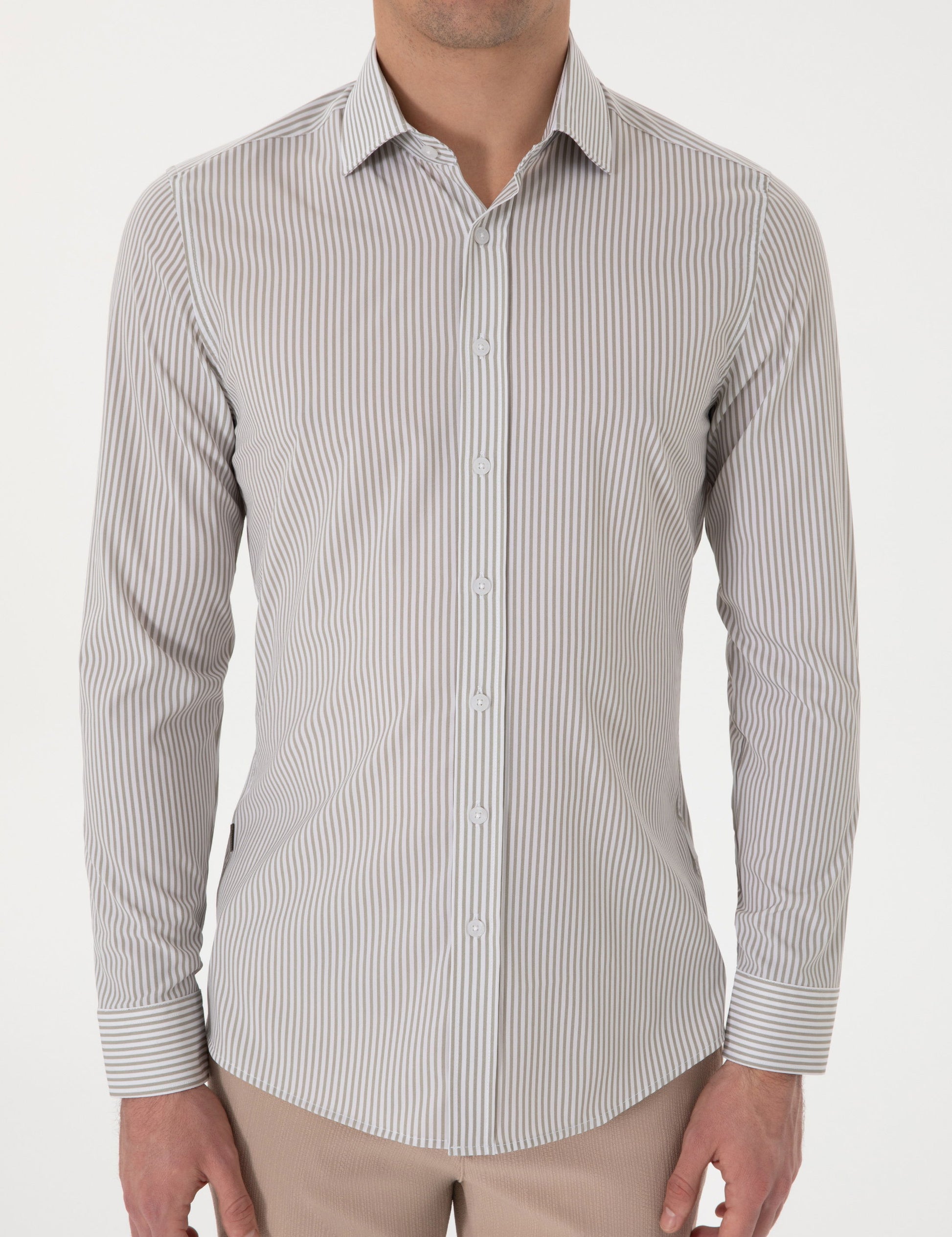 Khaki Striped Ex. Slim Fit Long Sleeve Shirt