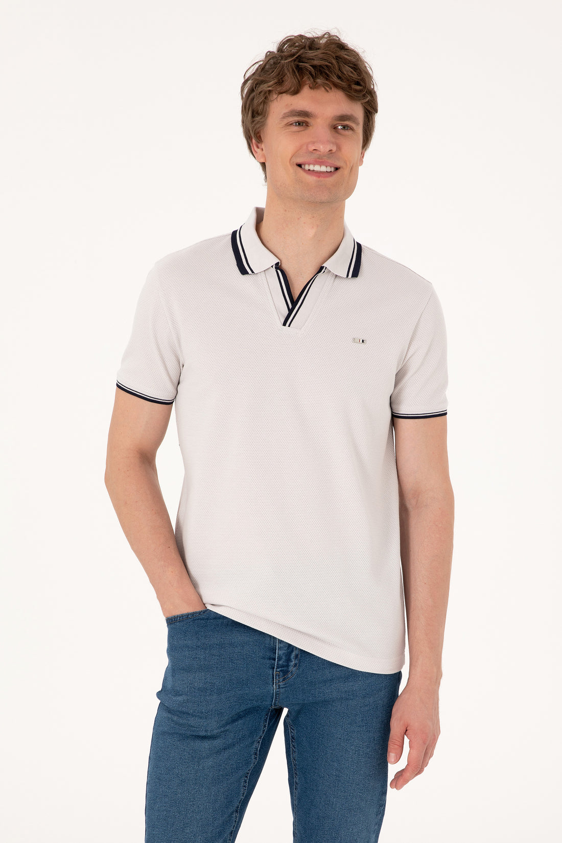 Men's Slim Fit Crazy Collar Light Grey T-Shirt
