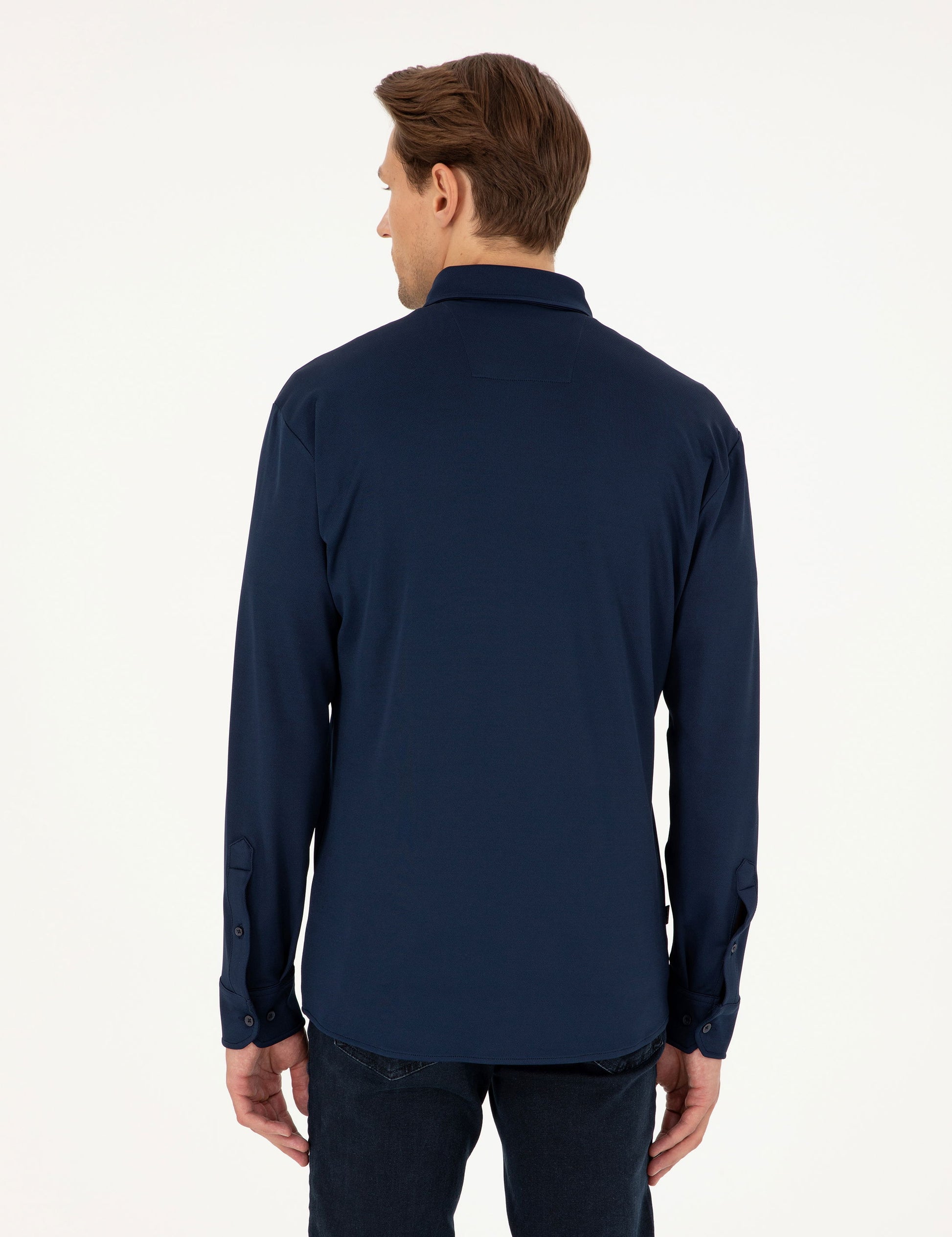Navy Blue Slim Fit Knitted Shirt