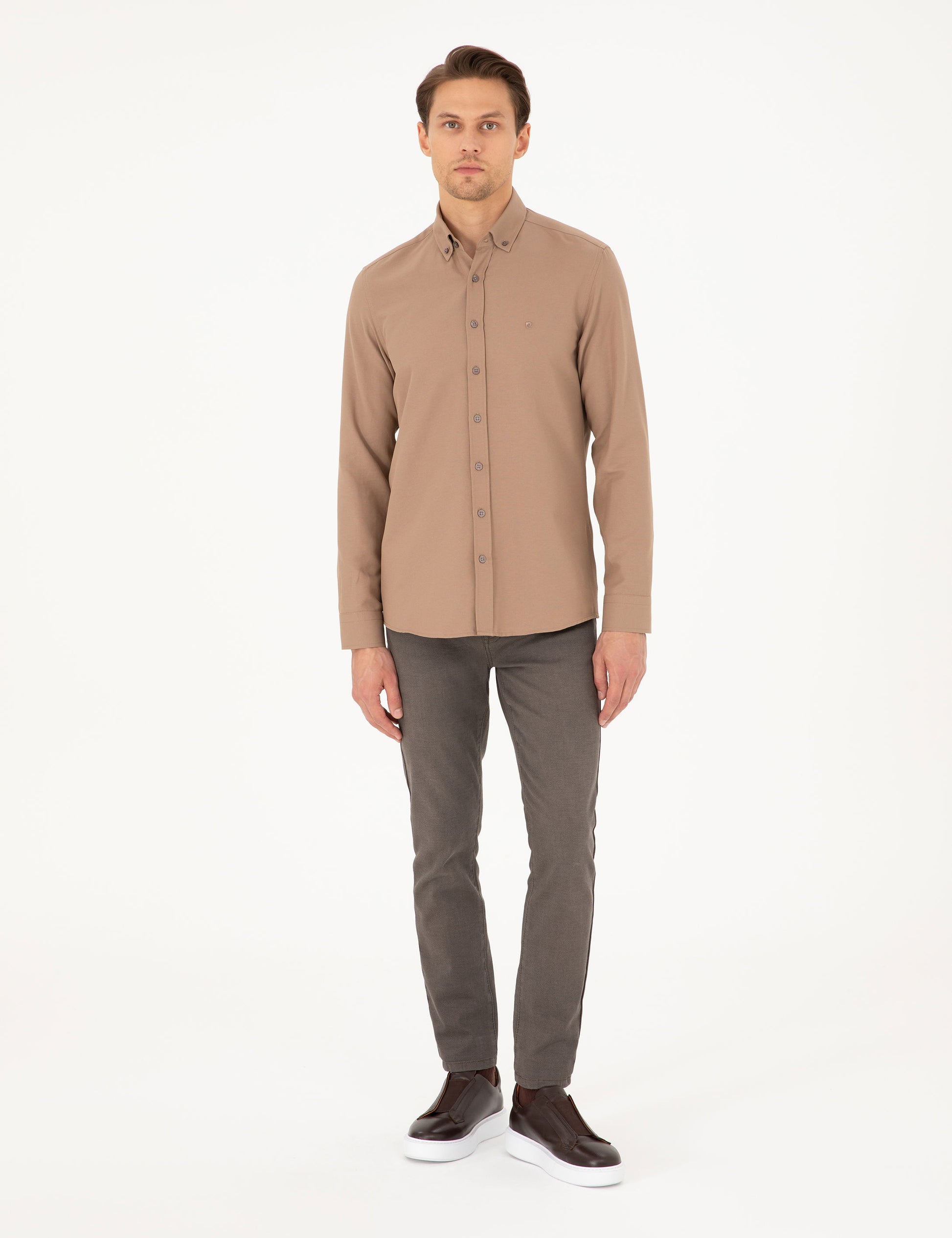Light Brown Slim Fit Long Sleeve Shirt