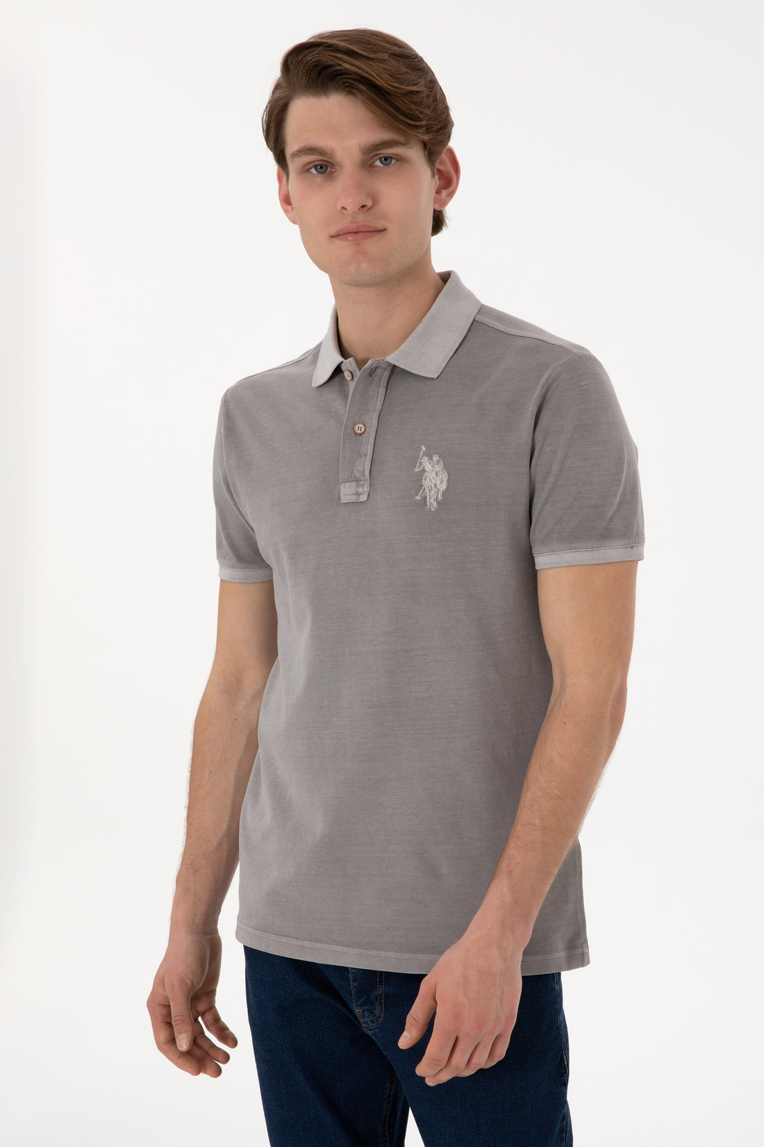 Men's Slim Fit Polo Neck Dark Grey Wash Basic T-Shirt