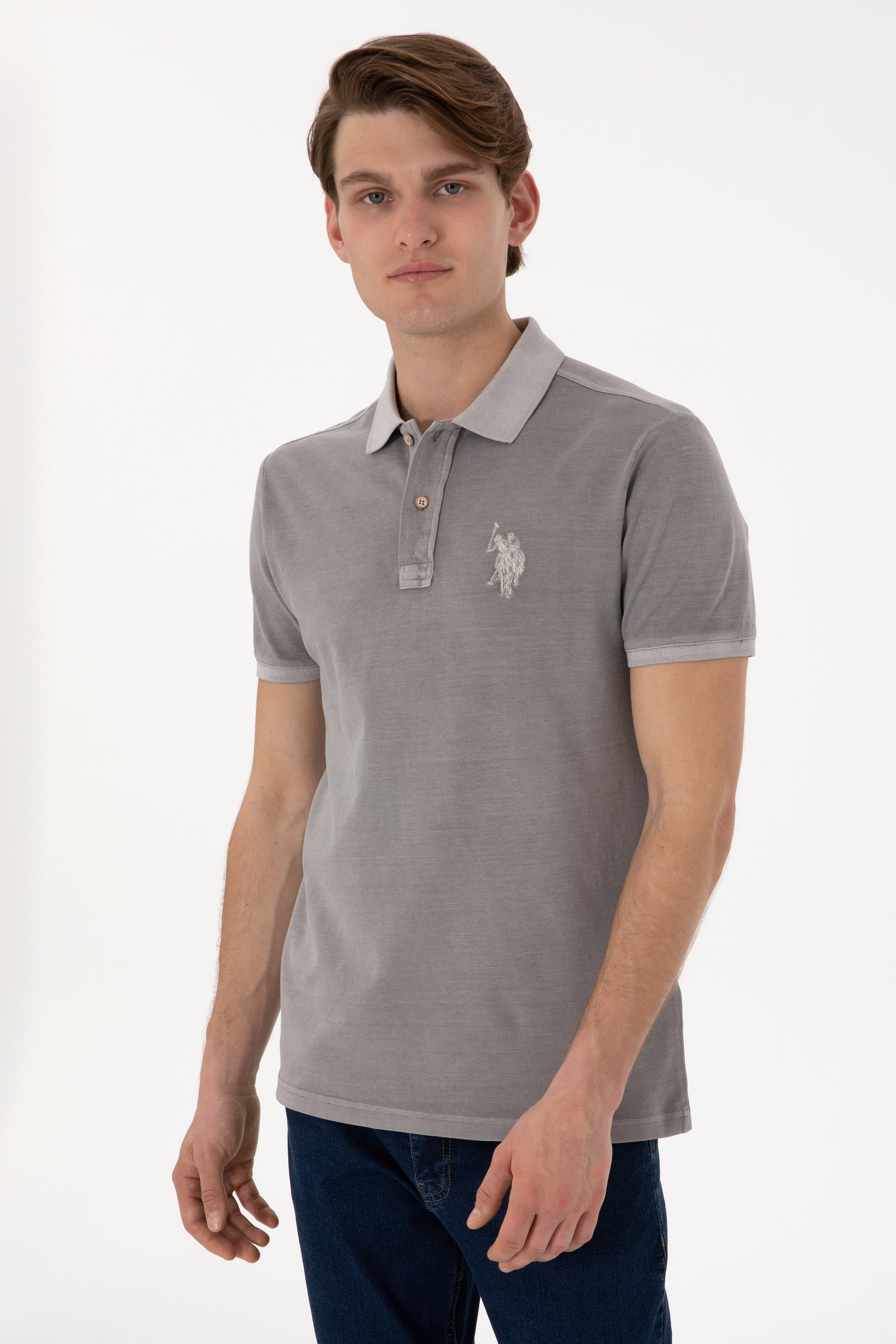 Men's Slim Fit Polo Neck Dark Grey Wash Basic T-Shirt