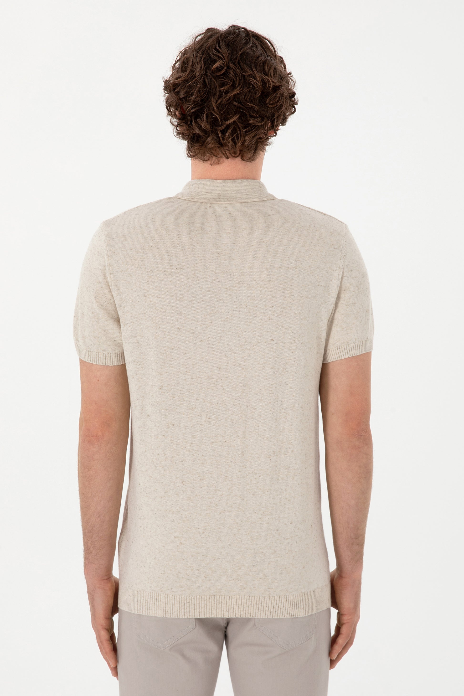 Men's Slim Fit Polo Neck Cream Knitwear T-Shirt