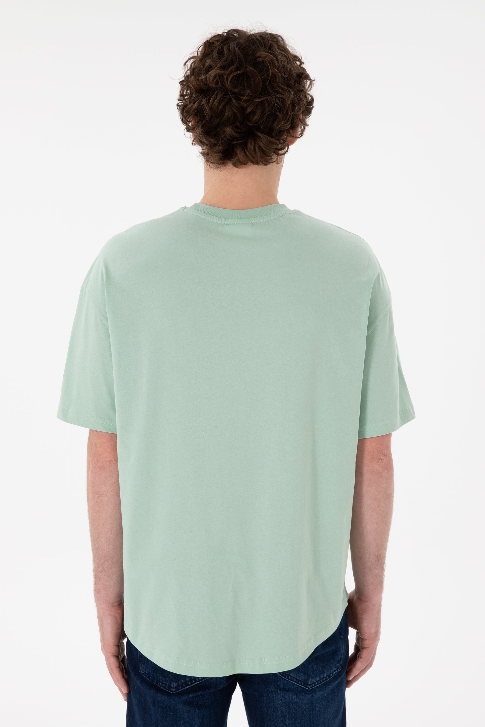 Men's Long Fit Crew Neck Water Green Basic T-Shirt