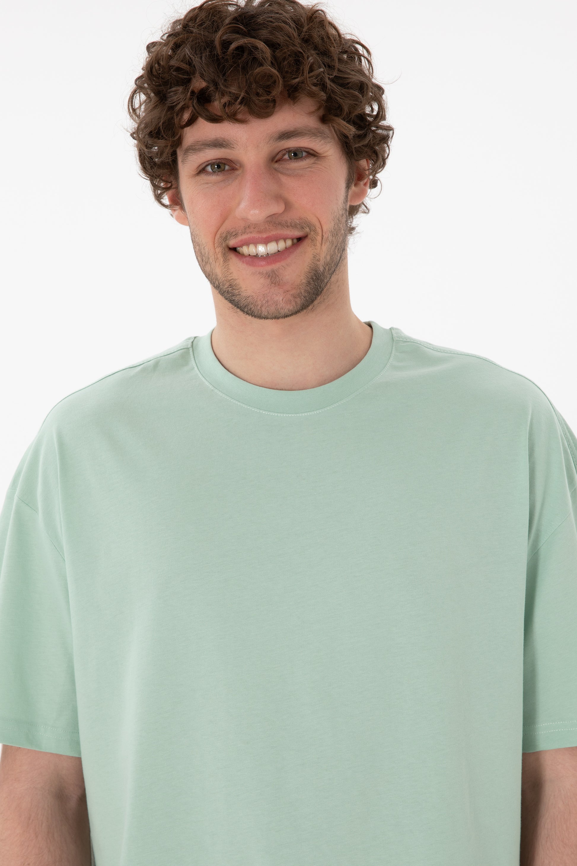 Men's Long Fit Crew Neck Water Green Basic T-Shirt