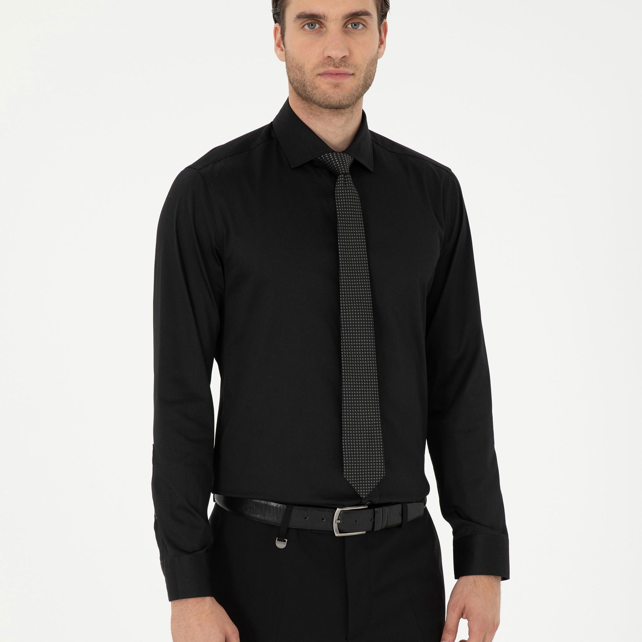 Black Ex. Slim Fit Long Sleeve Basic Shirt