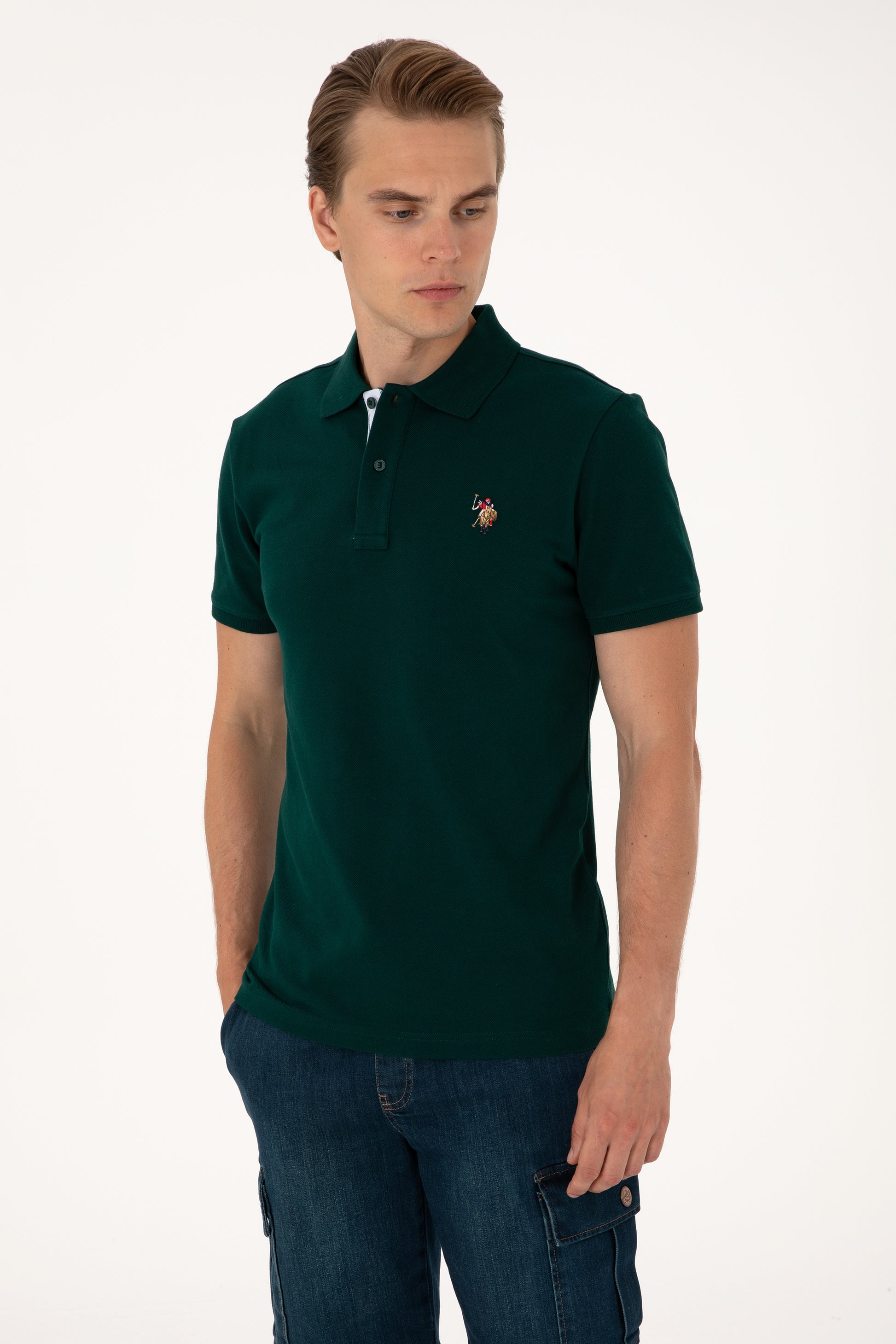 Men's Slim Fit Polo Neck Dark Green Basic T-Shirt
