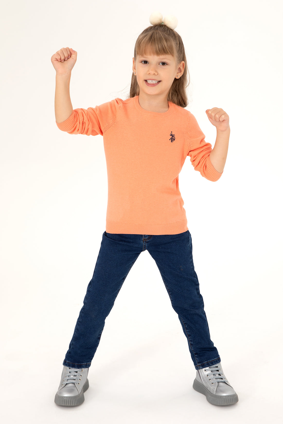 Girls' Salmon Melange Crew Neck Basic Sweater