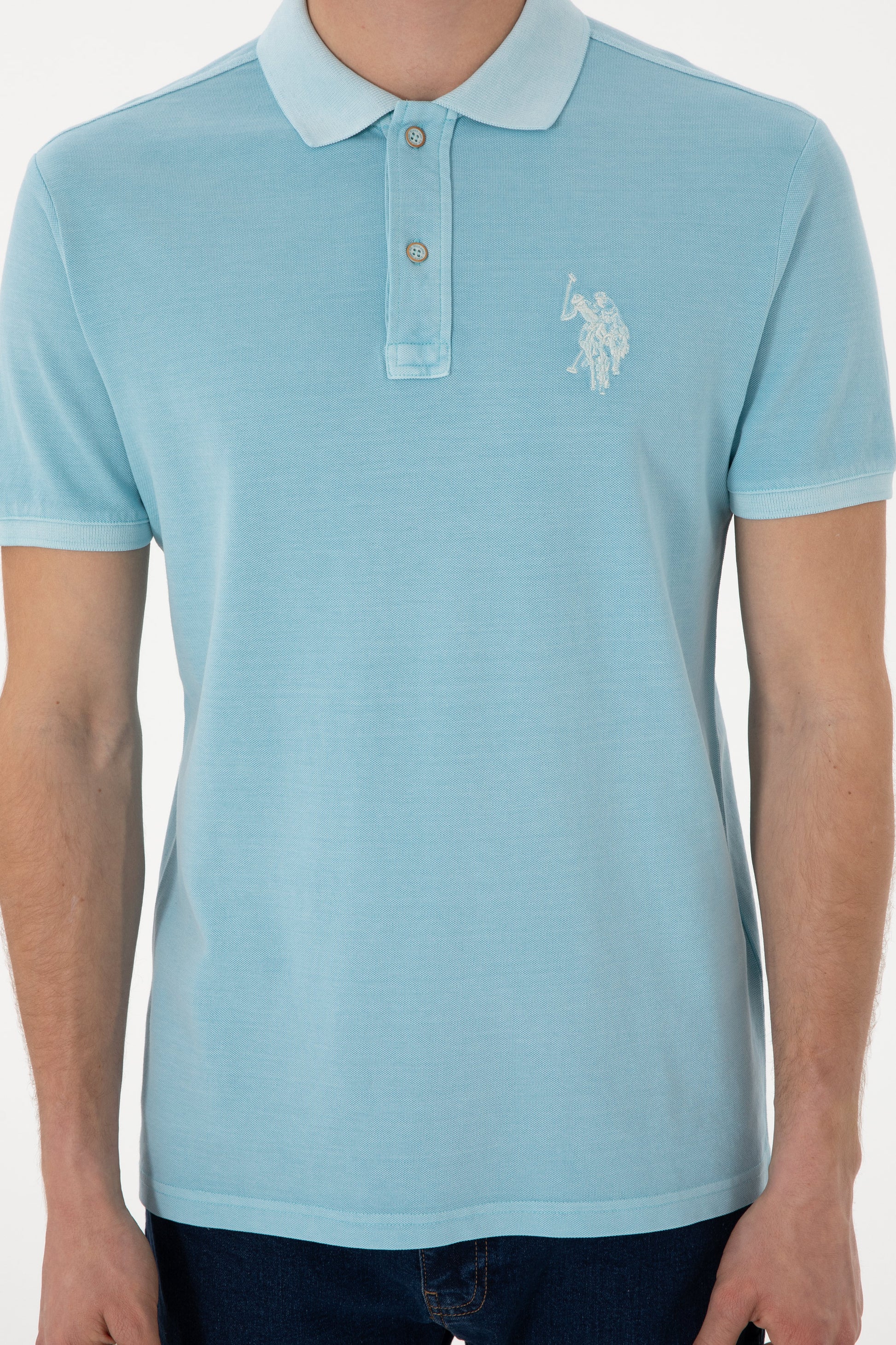 Men's Slim Fit Polo Neck Light Blue Wash Basic T-Shirt