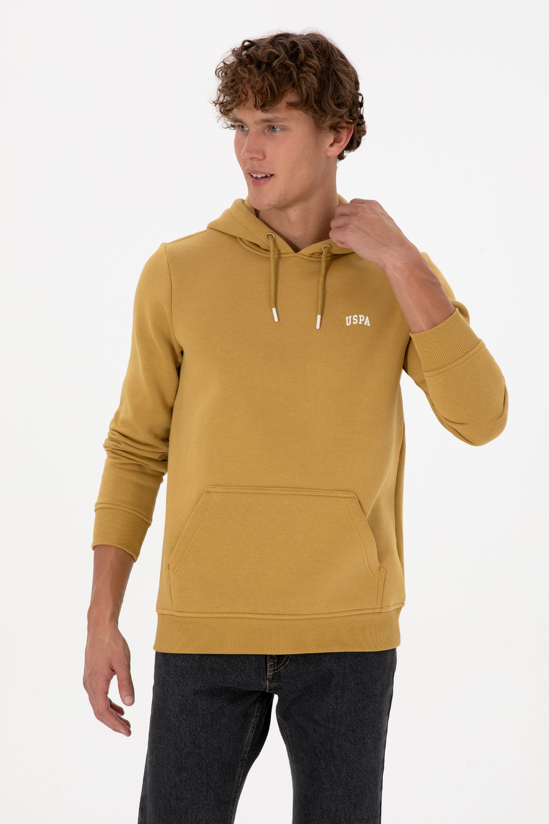 Erkek Regular Fit Kapüşonlu Hardal Basic Sweatshirt