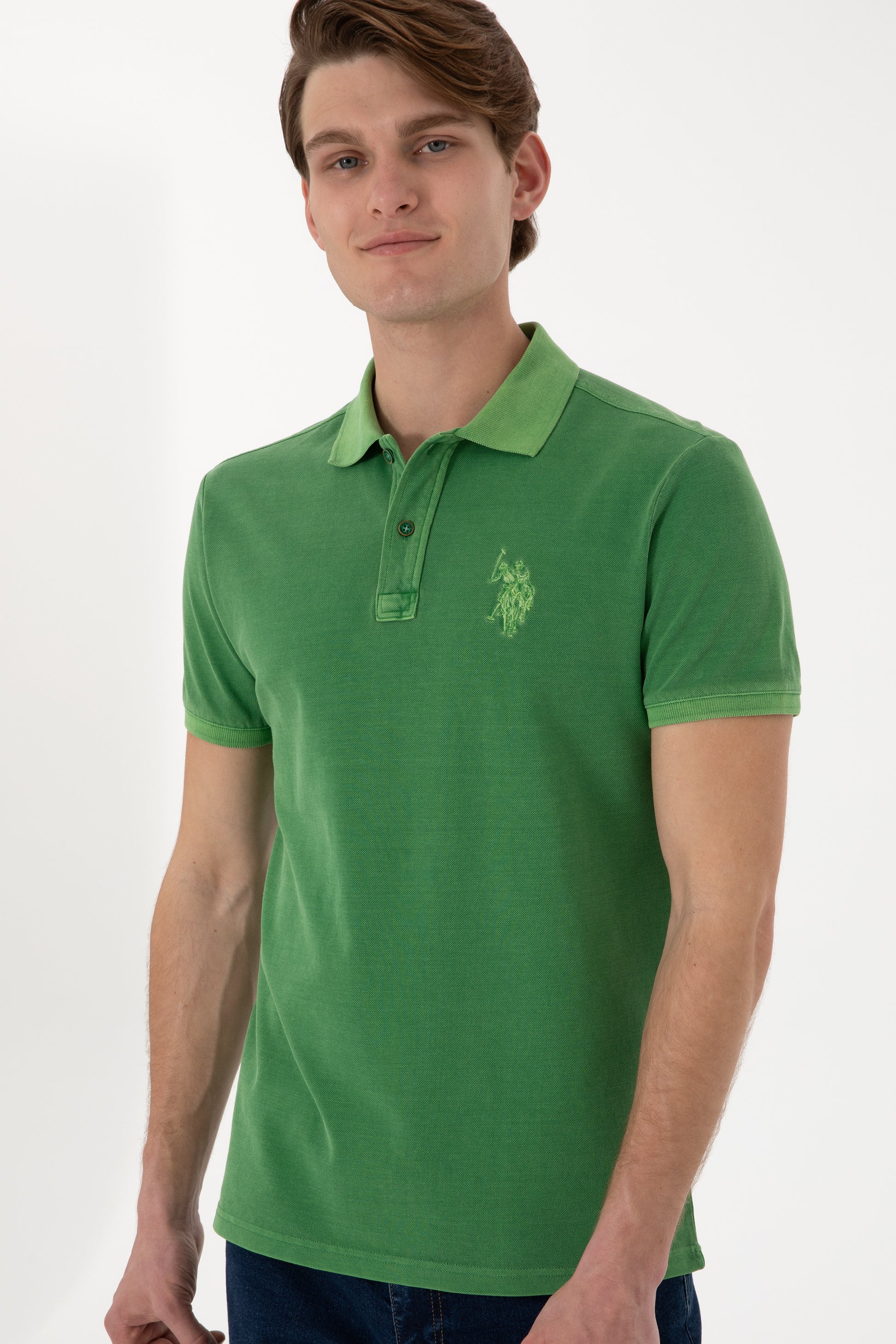 Men's Slim Fit Polo Neck Green Wash Basic T-Shirt