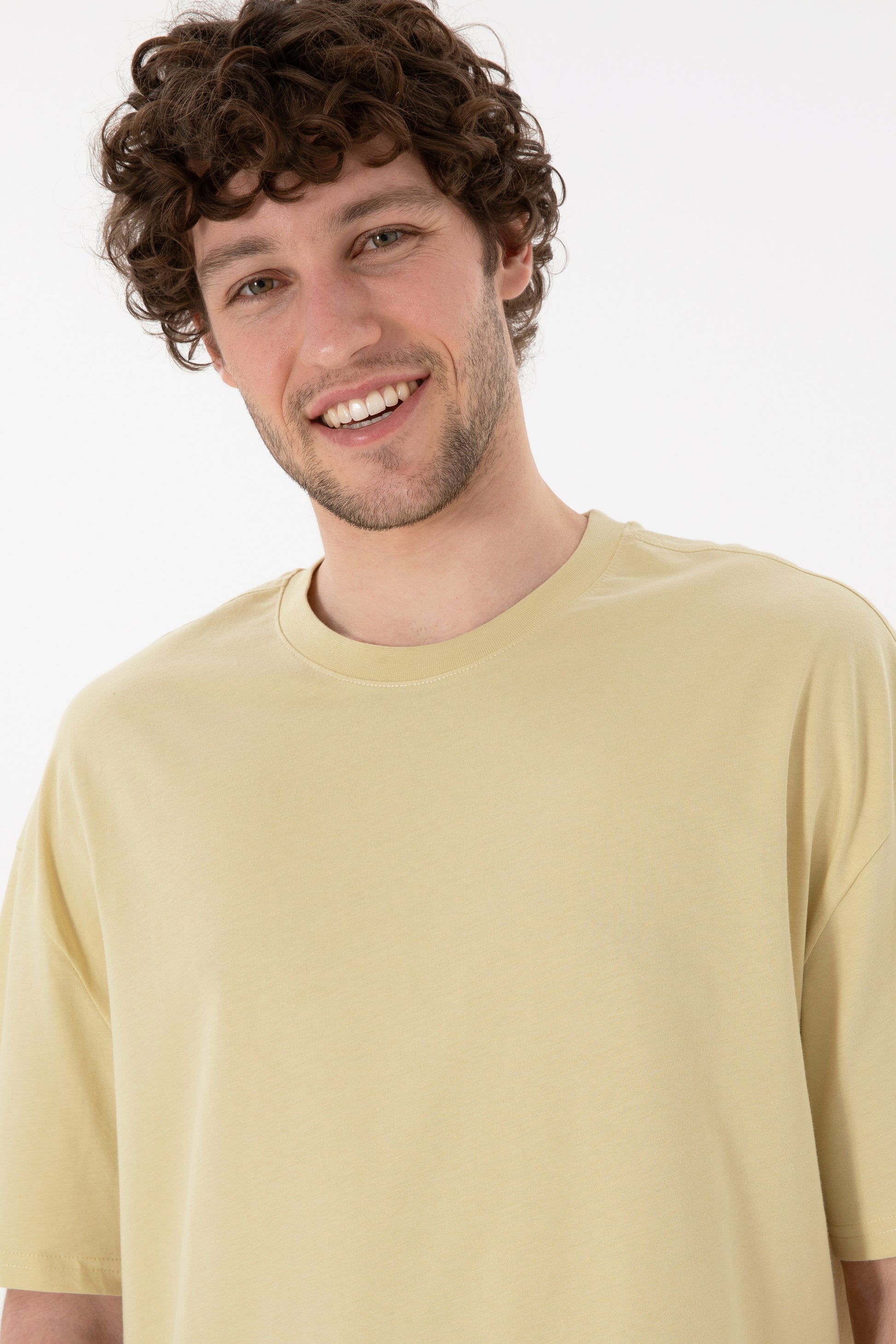 Men's Long Fit Crew Neck Open Khaki Basic T-Shirt
