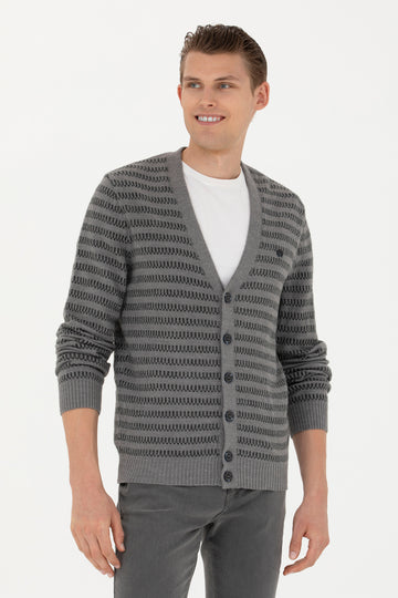 Men's Grey Melange Knitwear Cardigan