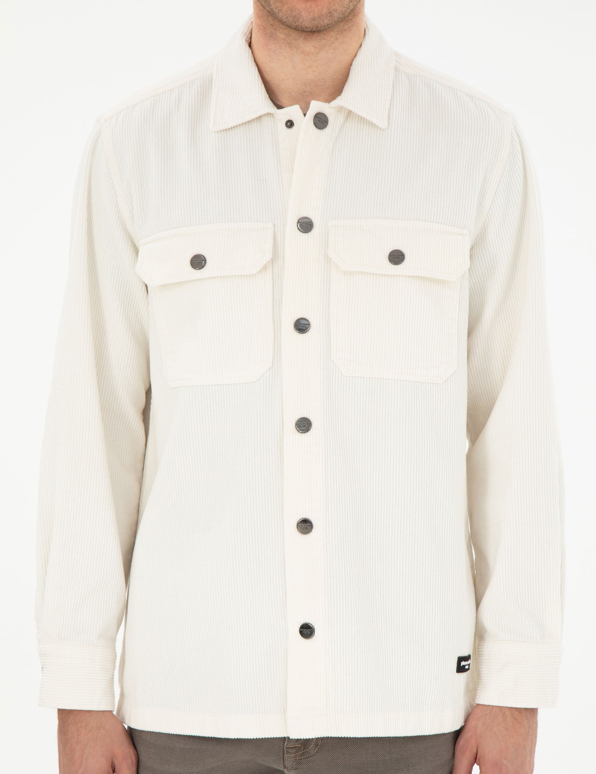 Ekru Klasik Yaka ��ift Cepli Oversize G��mlek Ceket