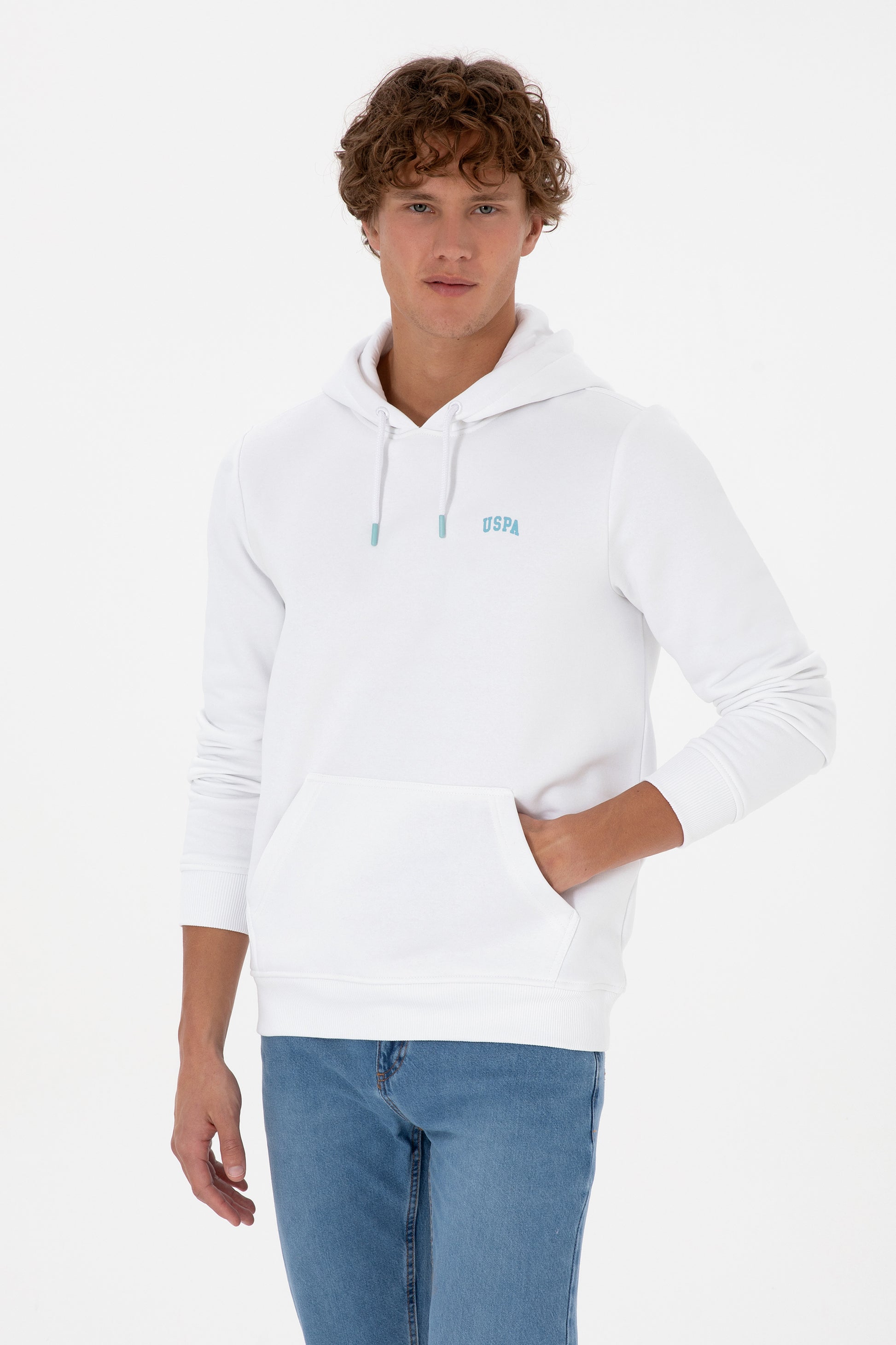 Erkek Regular Fit Kapüşonlu Beyaz Basic Sweatshirt