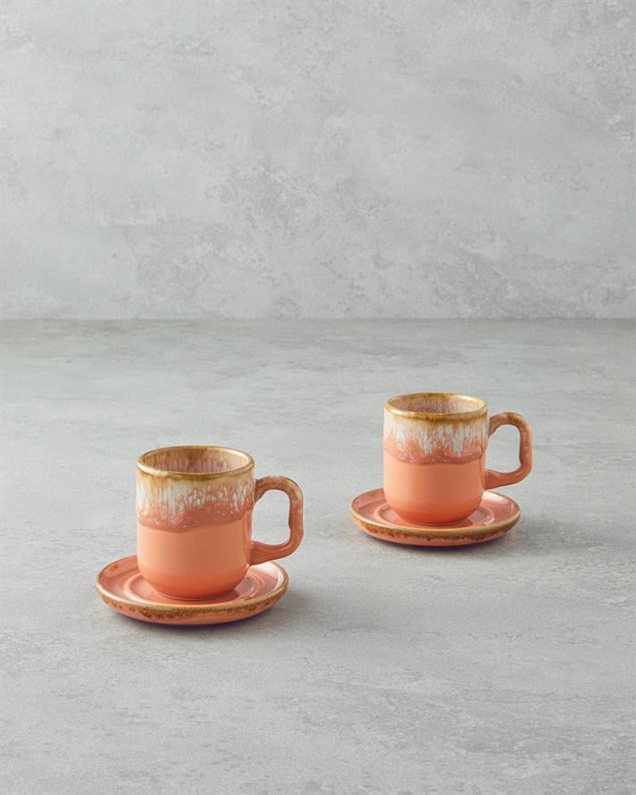 Alicent Ceramic 4 Pieces 2 Seater Double Coffee Cup Set 150 ml Light Orange
