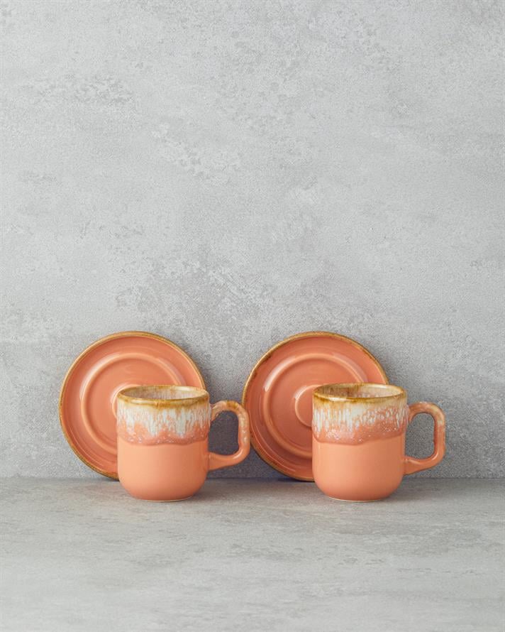 Alicent Ceramic 4 Pieces 2 Seater Double Coffee Cup Set 150 ml Light Orange