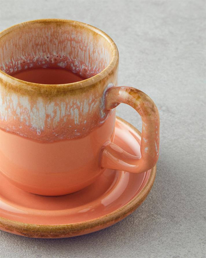 Alicent Ceramic 4 Pieces 2 Seater Double Coffee Cup Set 150 ml Light Orange