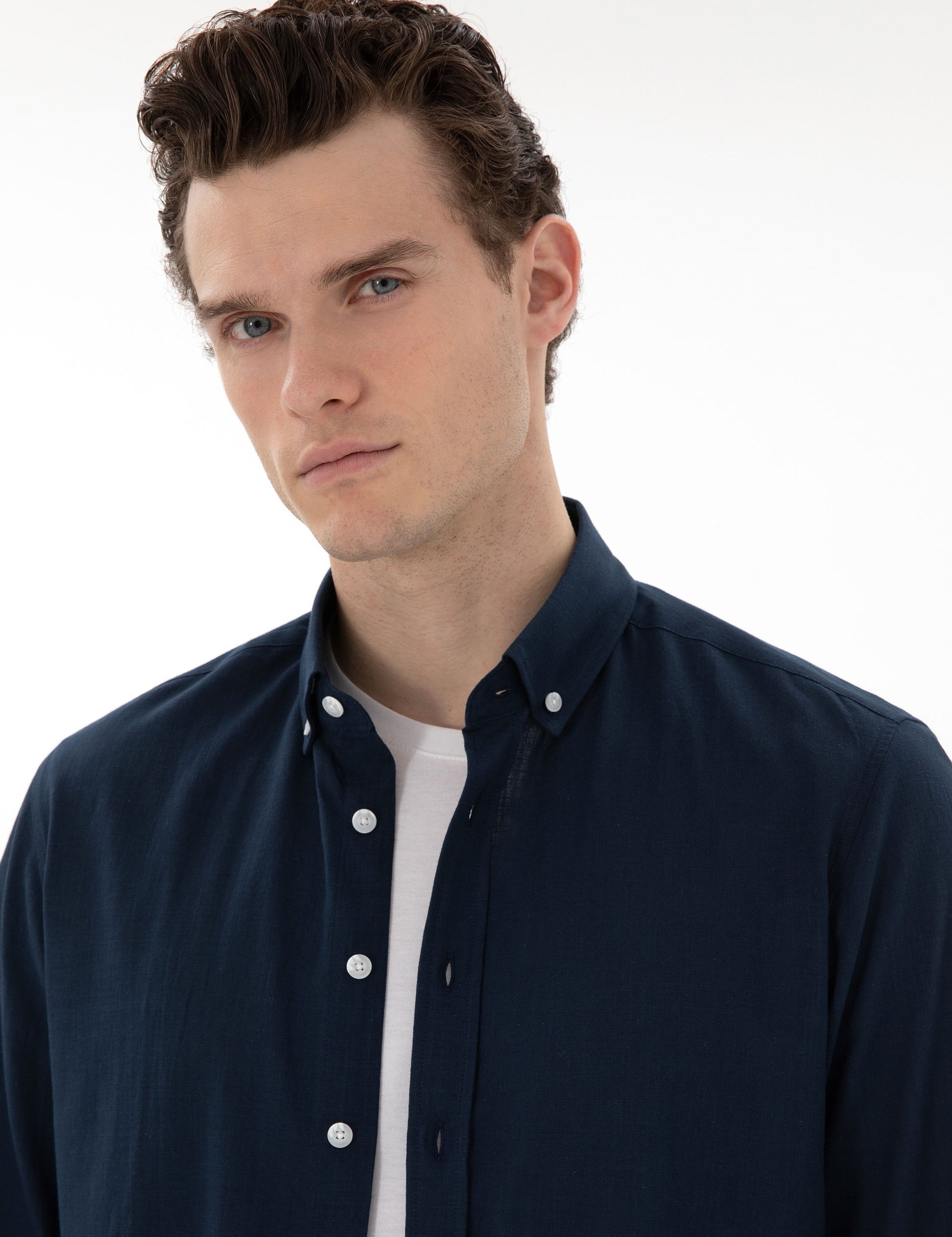Navy Blue Slim Fit Linen Look Shirt