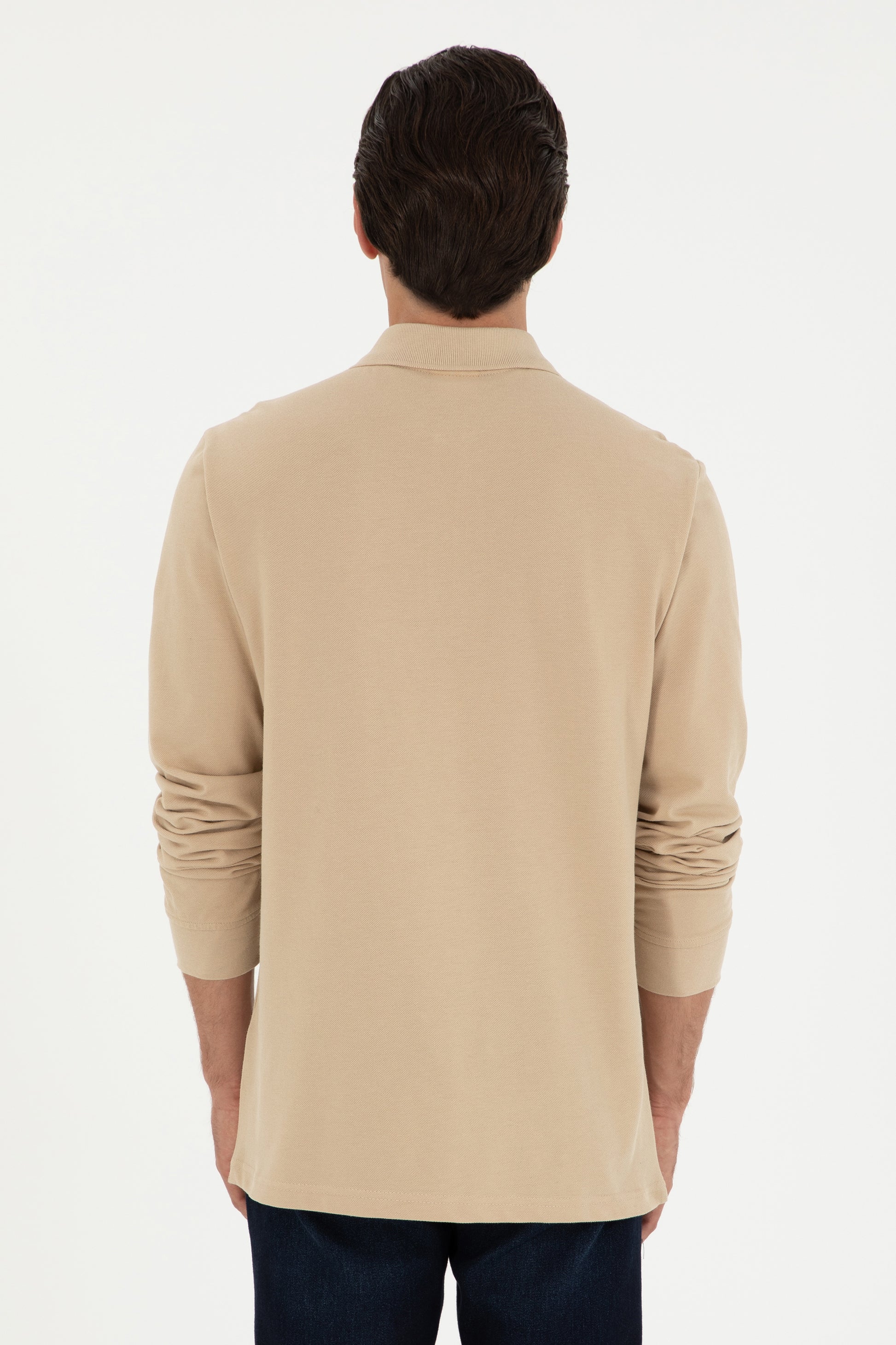 Men's Regular Fit Polo Collar Sand Basic Sweatshirt