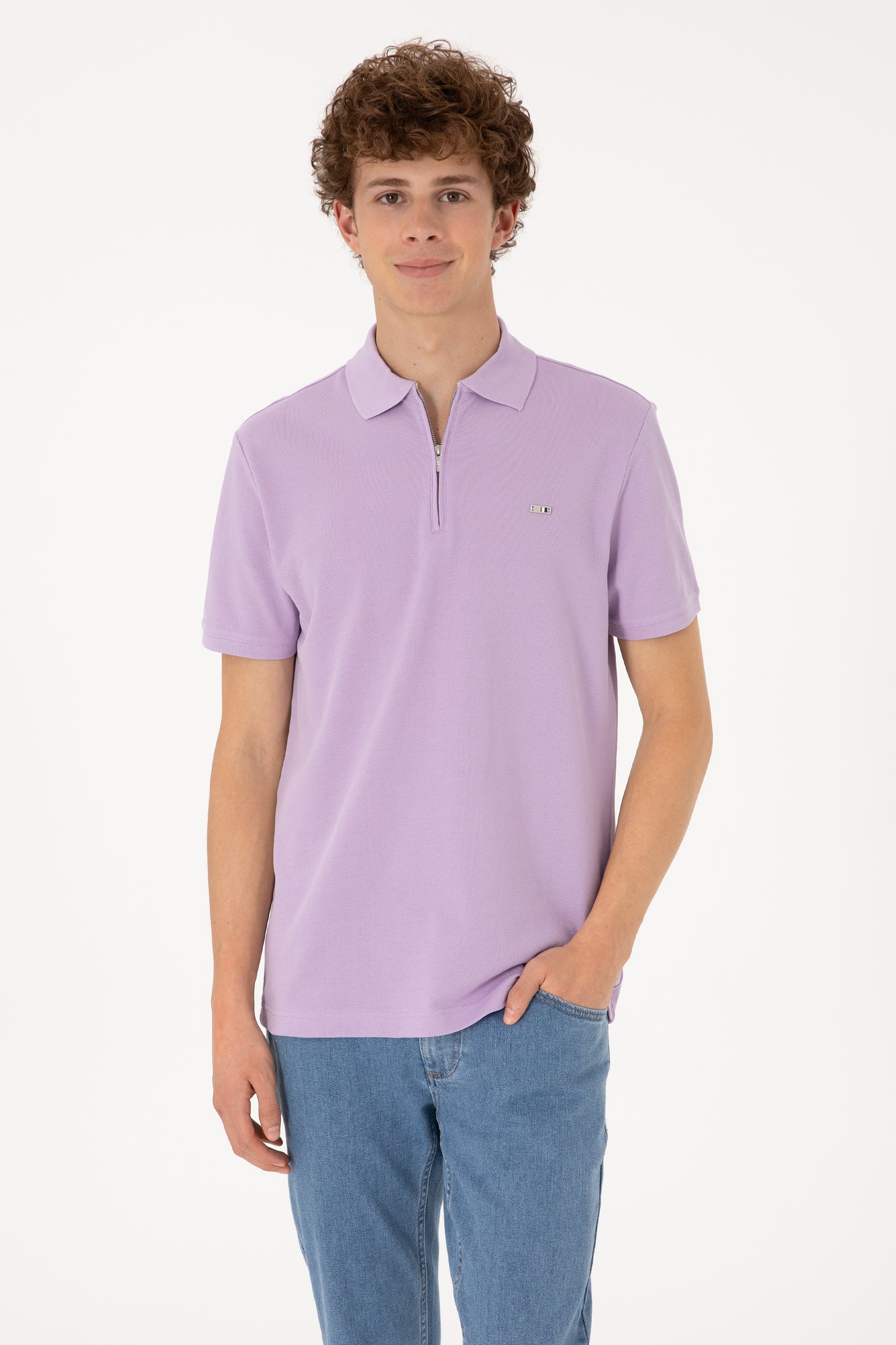 Men's Regular Fit Zipper Lilac T-Shirt