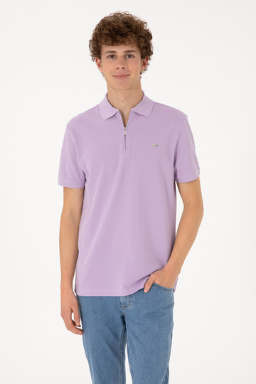 Men's Regular Fit Zipper Lilac T-Shirt