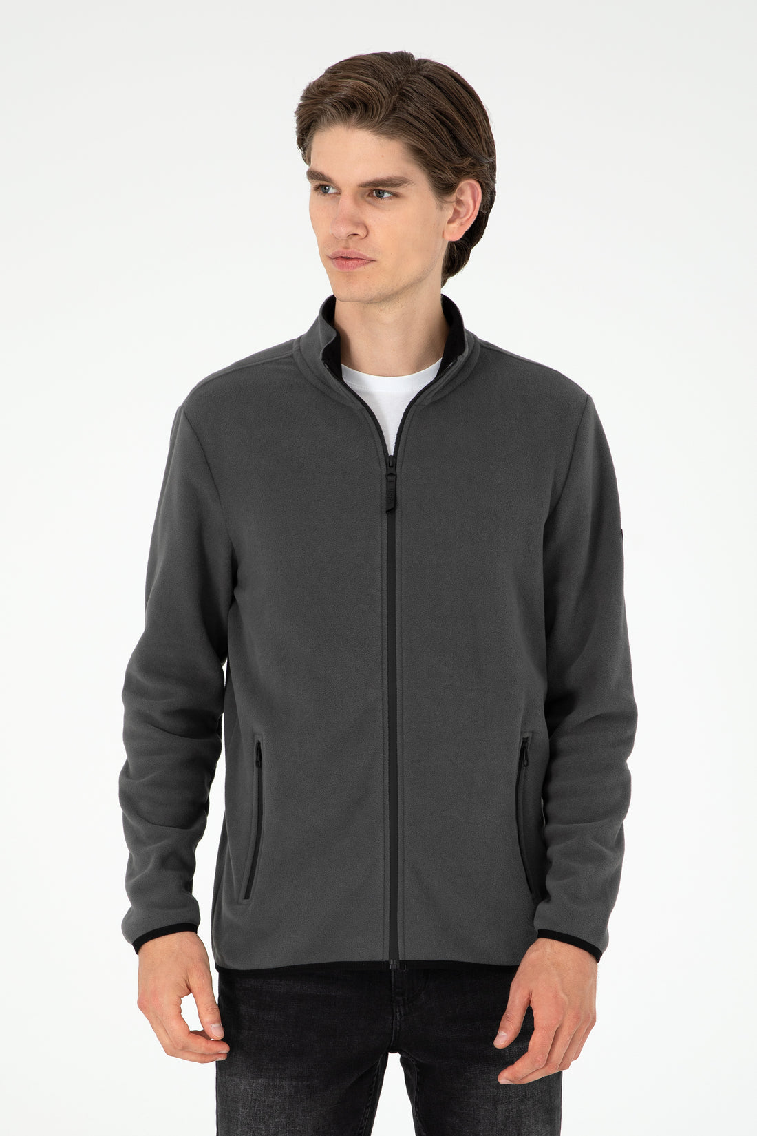 Regular Fit Anthracite Fleece Zipper Basic Cardigan