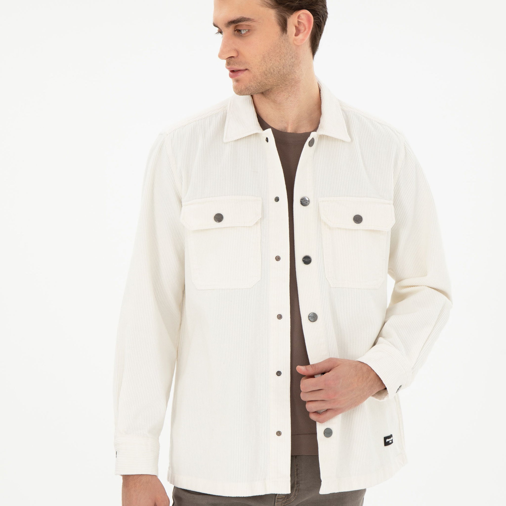 Ekru Klasik Yaka ��ift Cepli Oversize G��mlek Ceket