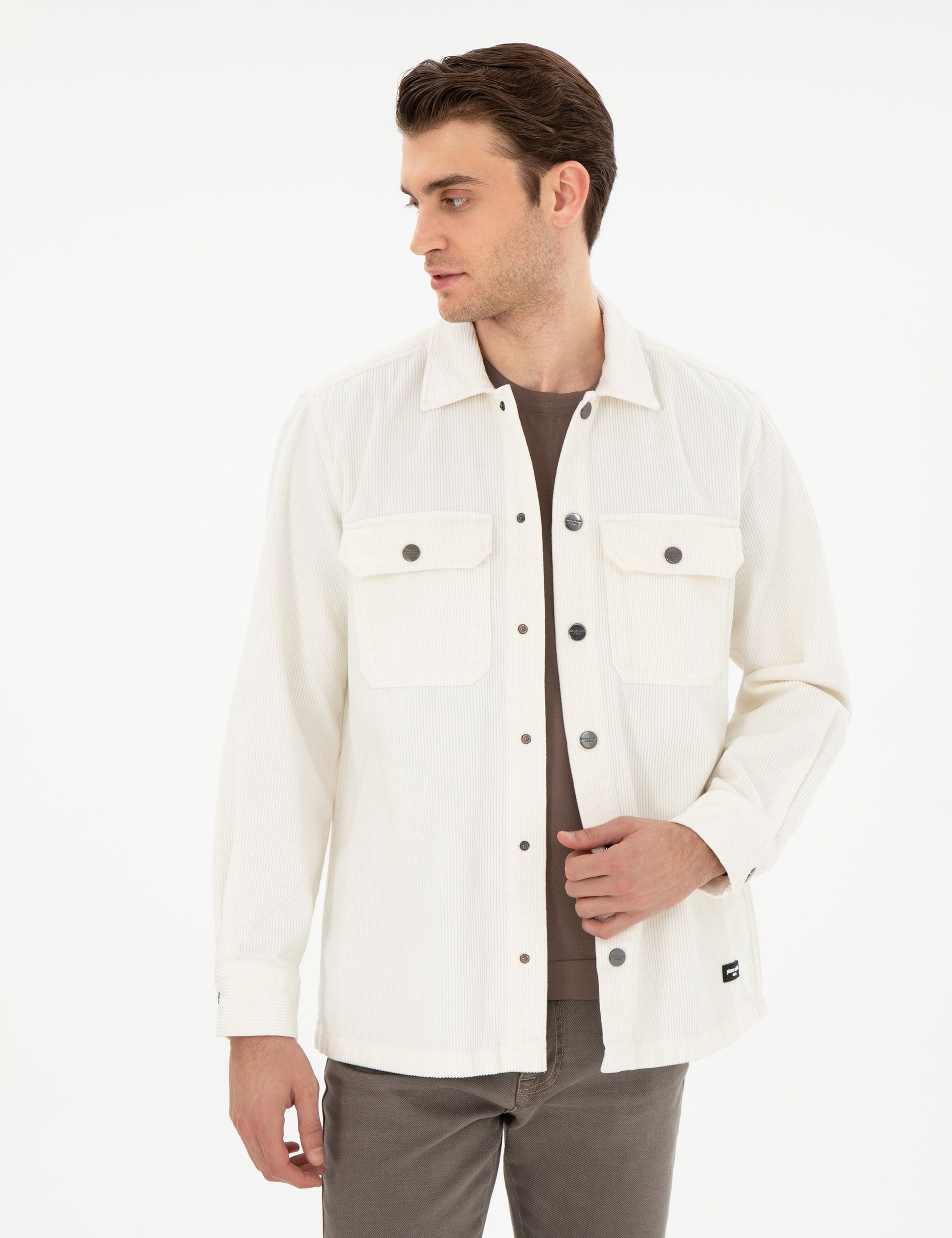 Ekru Klasik Yaka ��ift Cepli Oversize G��mlek Ceket