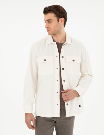 Ekru Klasik Yaka ��ift Cepli Oversize G��mlek Ceket