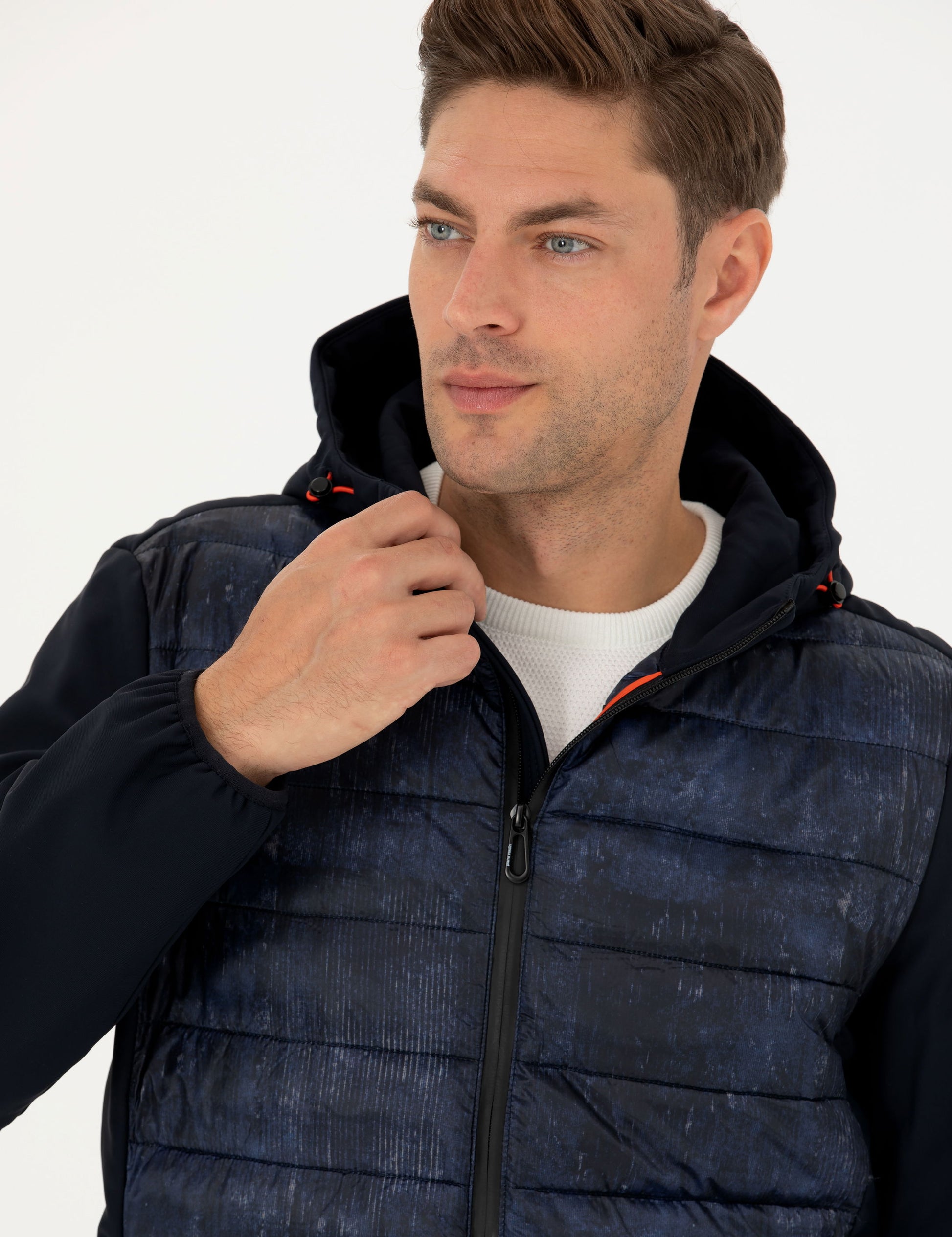 Navy Blue Hooded Quilted Sports Coat