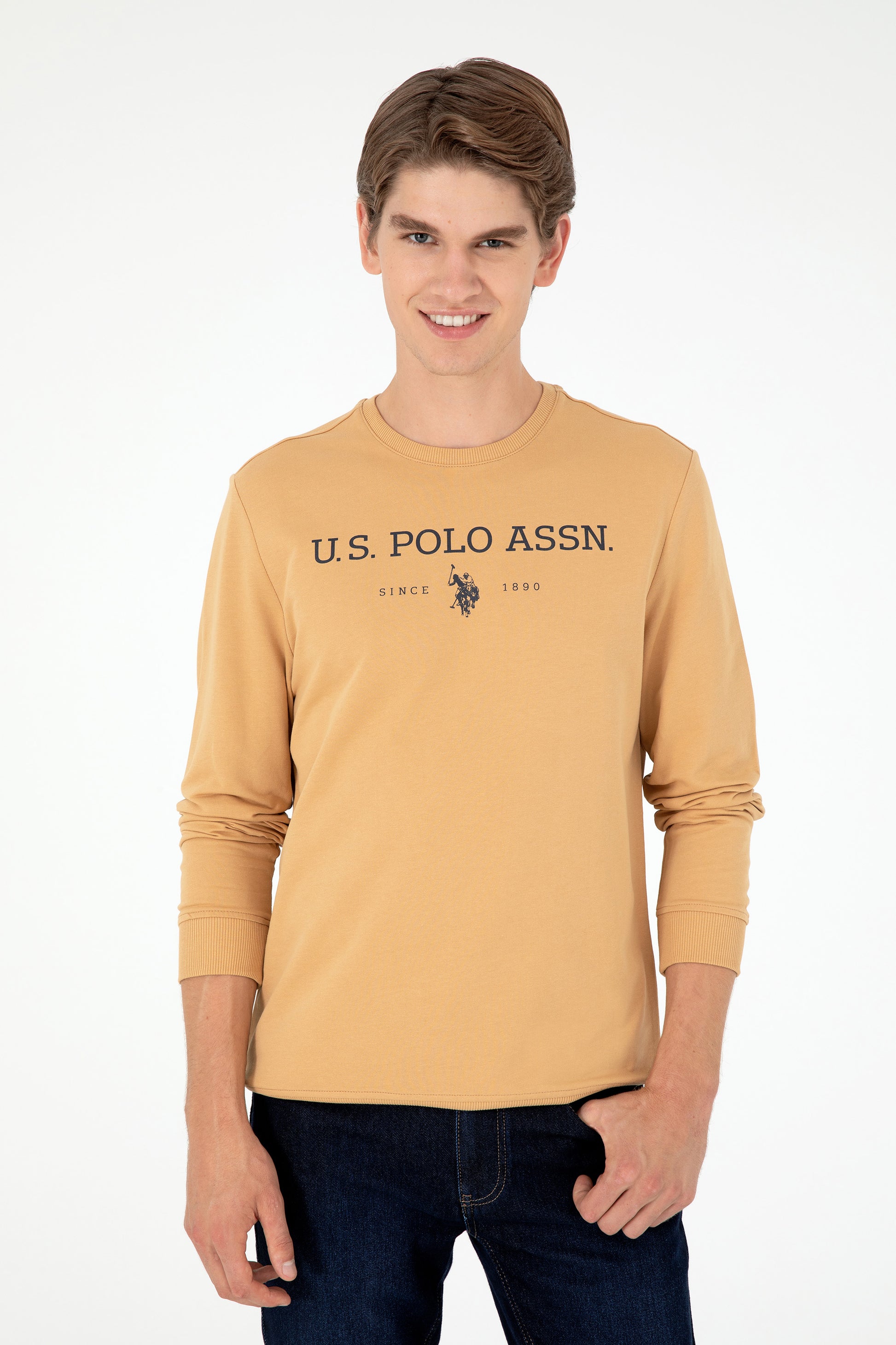 Men's Regular Fit Crew Neck Camel Sweatshirt