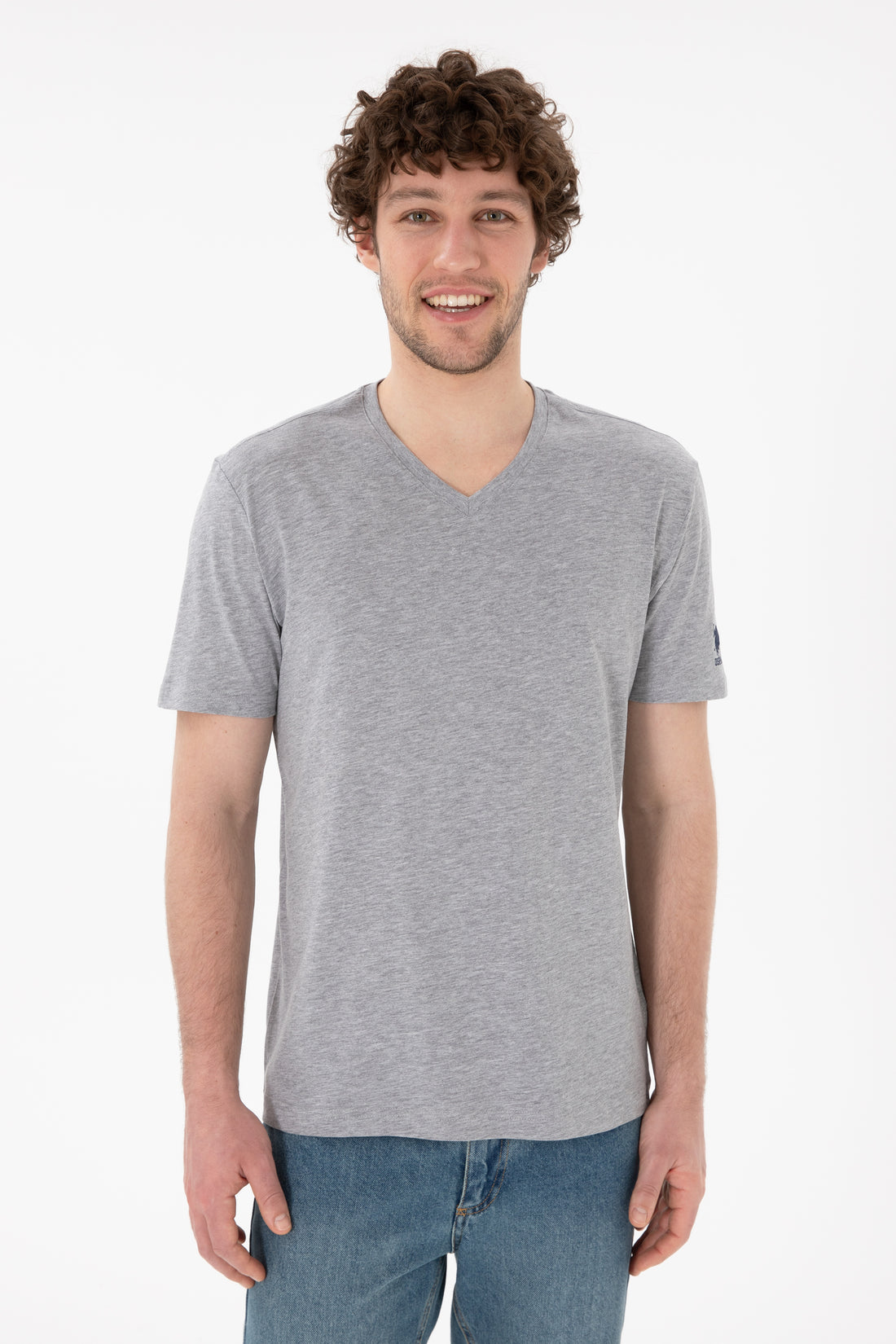 Men's Regular Fit V-Neck Grey Melange Basic T-Shirt